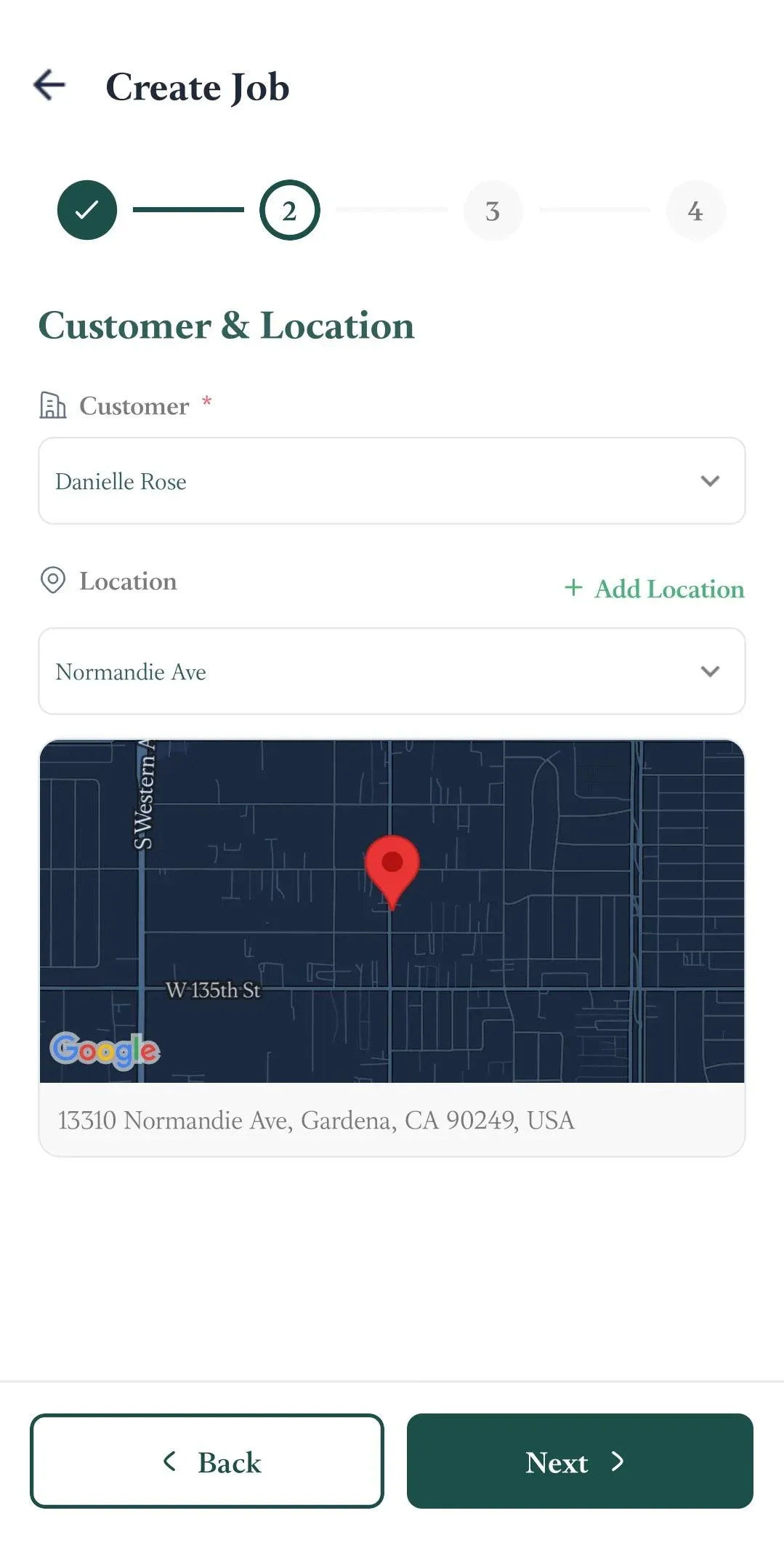 FieldTask mobile Create Job step 2 showing Danielle Rose as the customer, Normandie Ave as the selected location, and a map preview of the Gardena address.