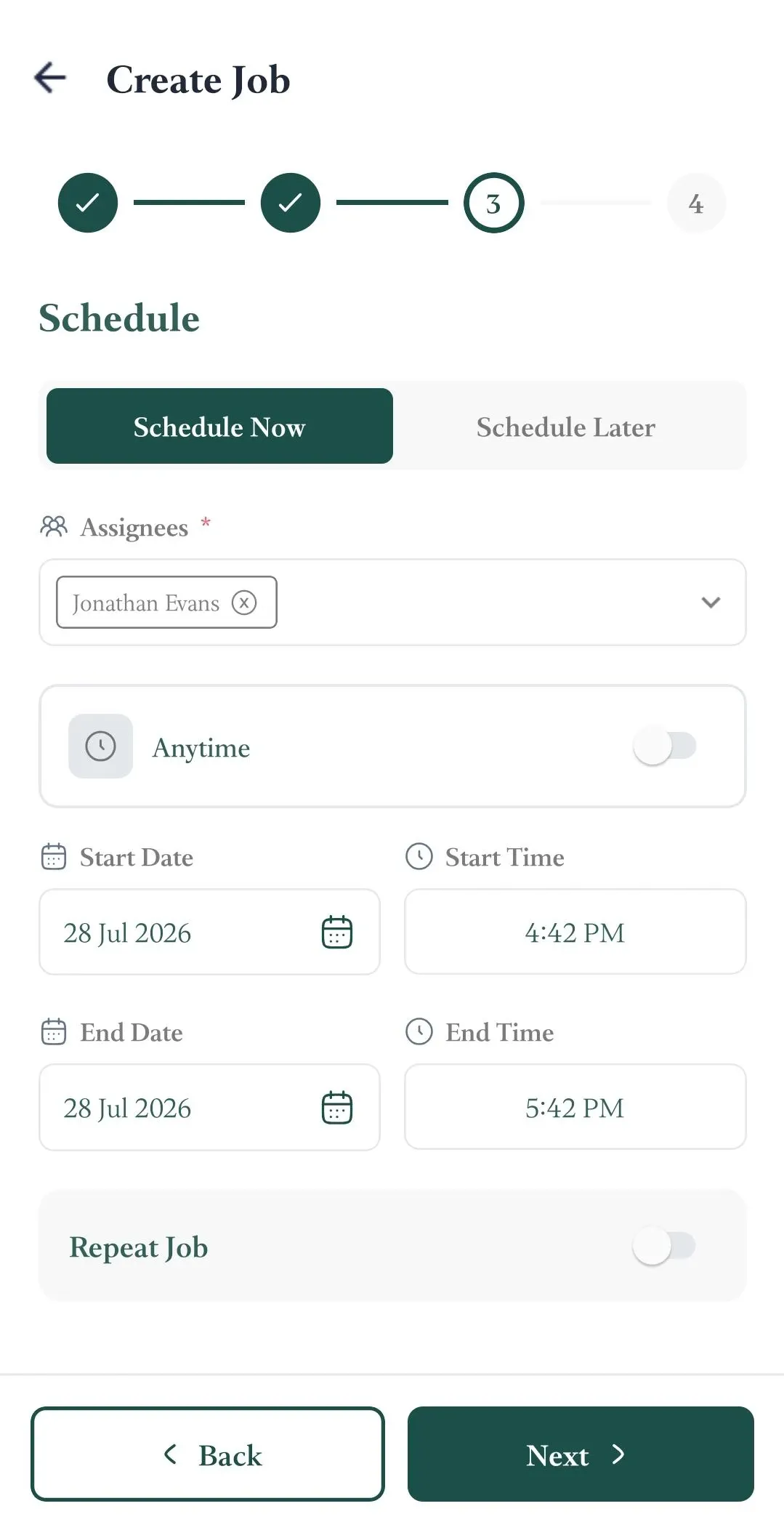 FieldTask mobile Create Job step 3 showing Schedule Now selected, Jonathan Evans assigned, start and end date and time fields, and Repeat Job turned off.