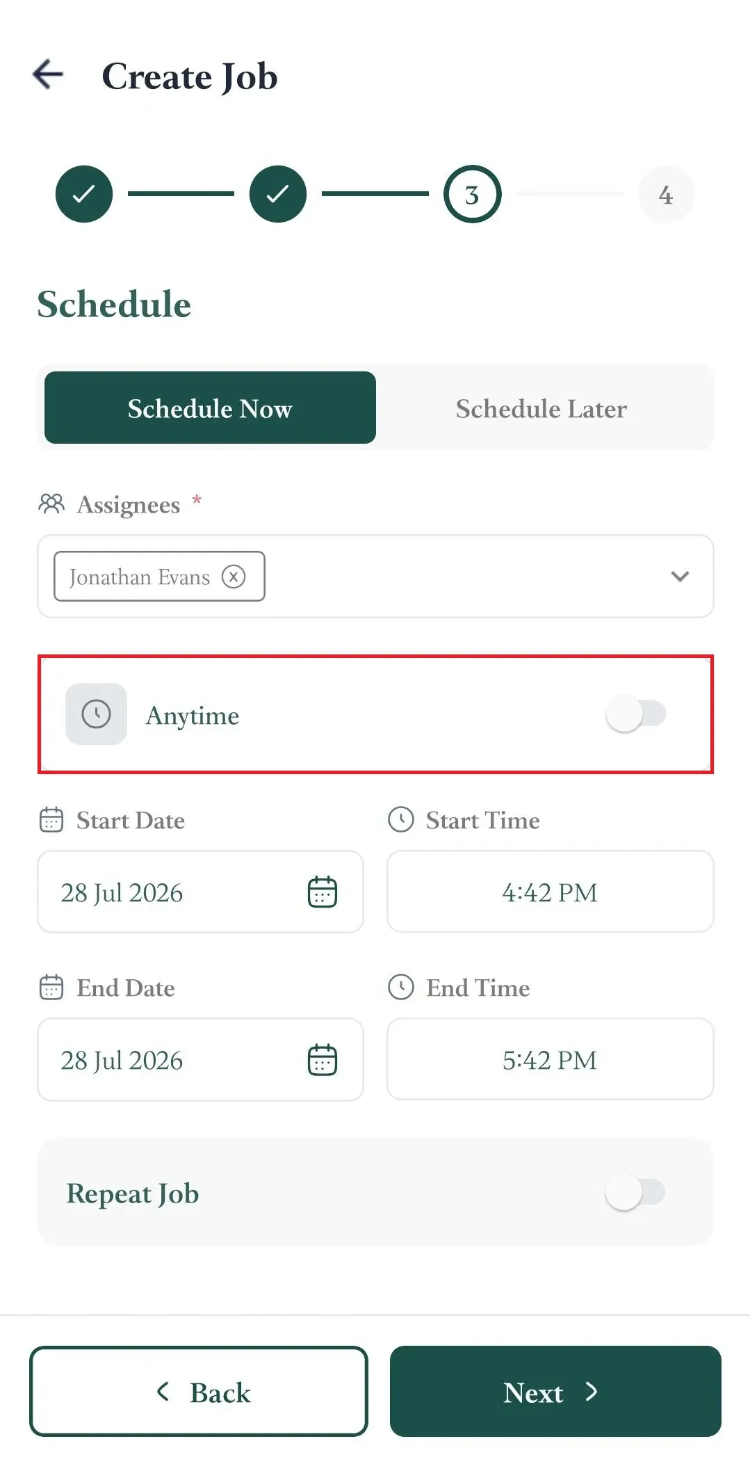 FieldTask mobile Create Job – Schedule step with the Anytime scheduling toggle highlighted, alongside assignee, start and end date/time, Repeat Job, Back, and Next controls.