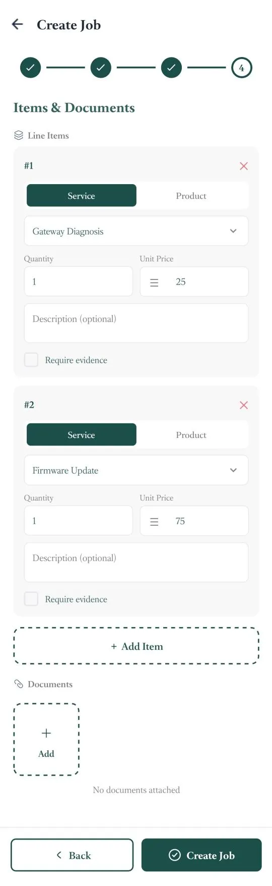 FieldTask mobile Create Job step 3 showing the selected assignee, scheduled date and time, and inactive Repeat Job option.