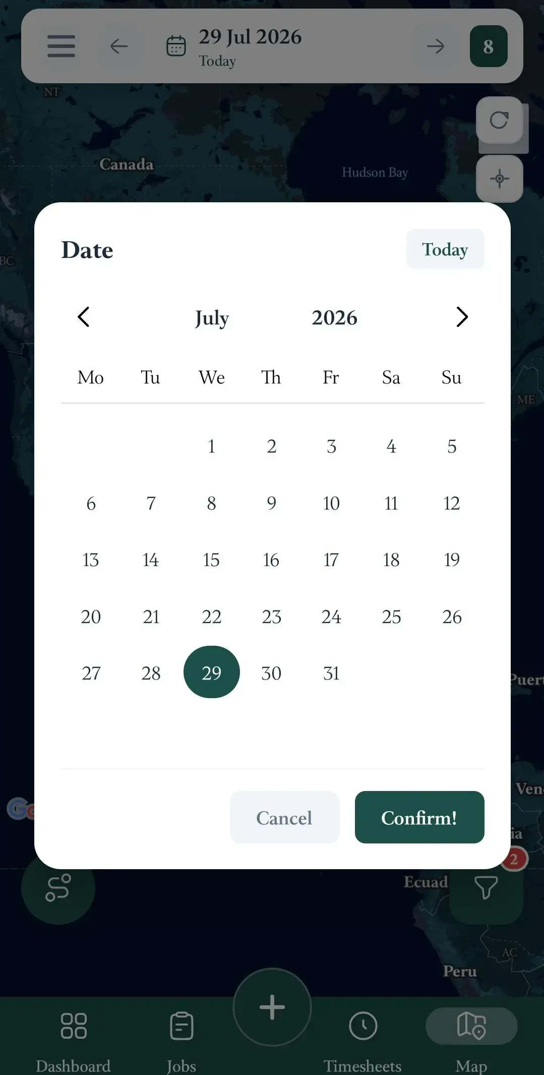 FieldTask mobile Map page with the date picker open, showing July 2026 with 29 July selected and Cancel and Confirm actions.