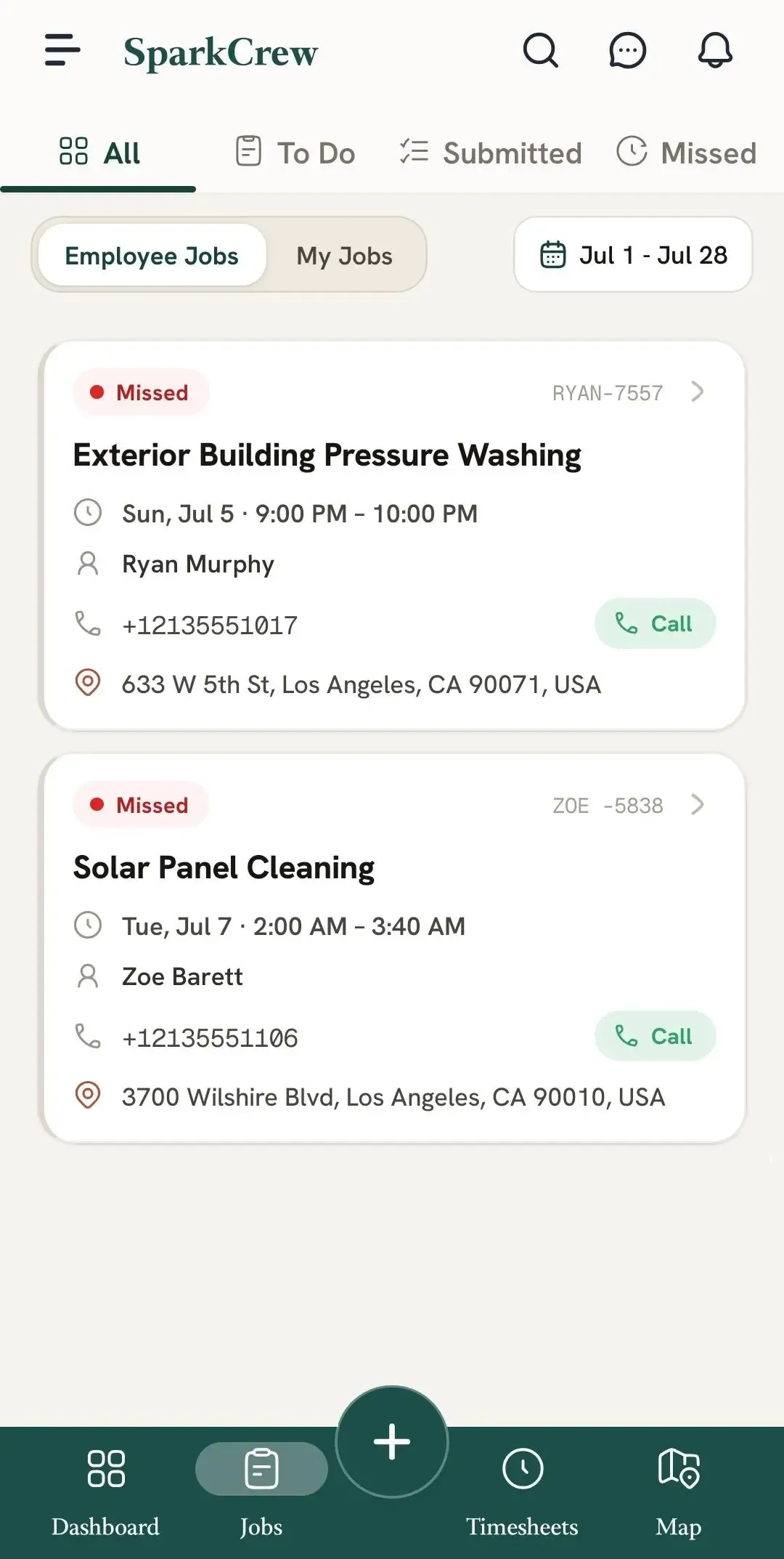 FieldTask mobile Jobs page showing missed job cards with customer details, contact numbers, locations, and Call actions.