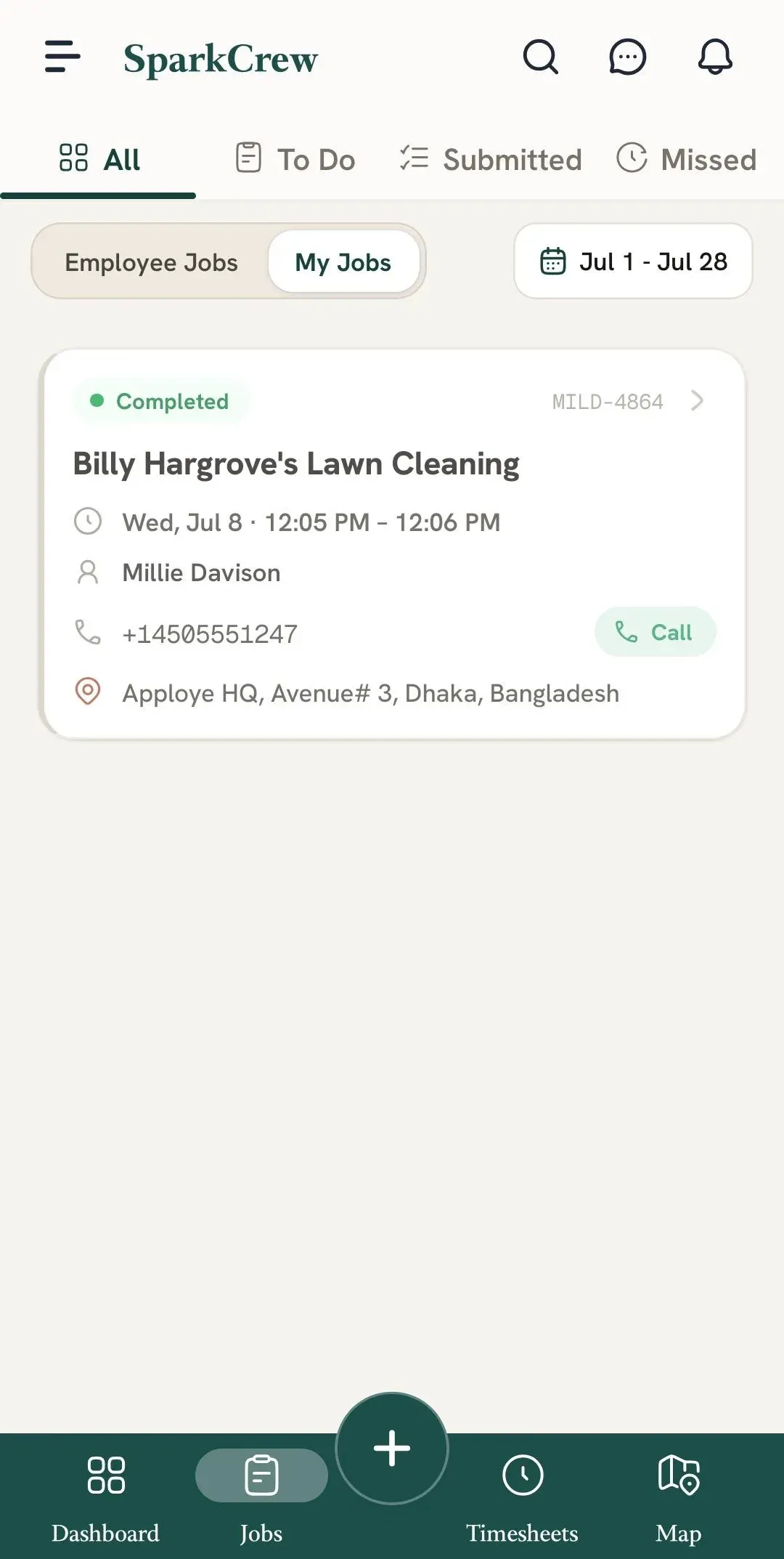 FieldTask mobile Jobs page with My Jobs selected, showing a completed job card with customer contact details, location, and Call action.