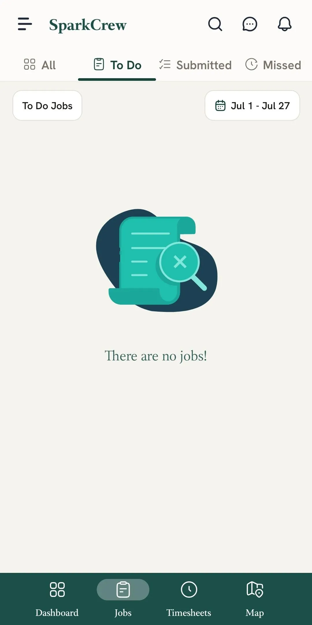 FieldTask mobile Jobs page with **My Jobs** selected, displaying a completed job card with customer details, phone number, location, and a Call action.