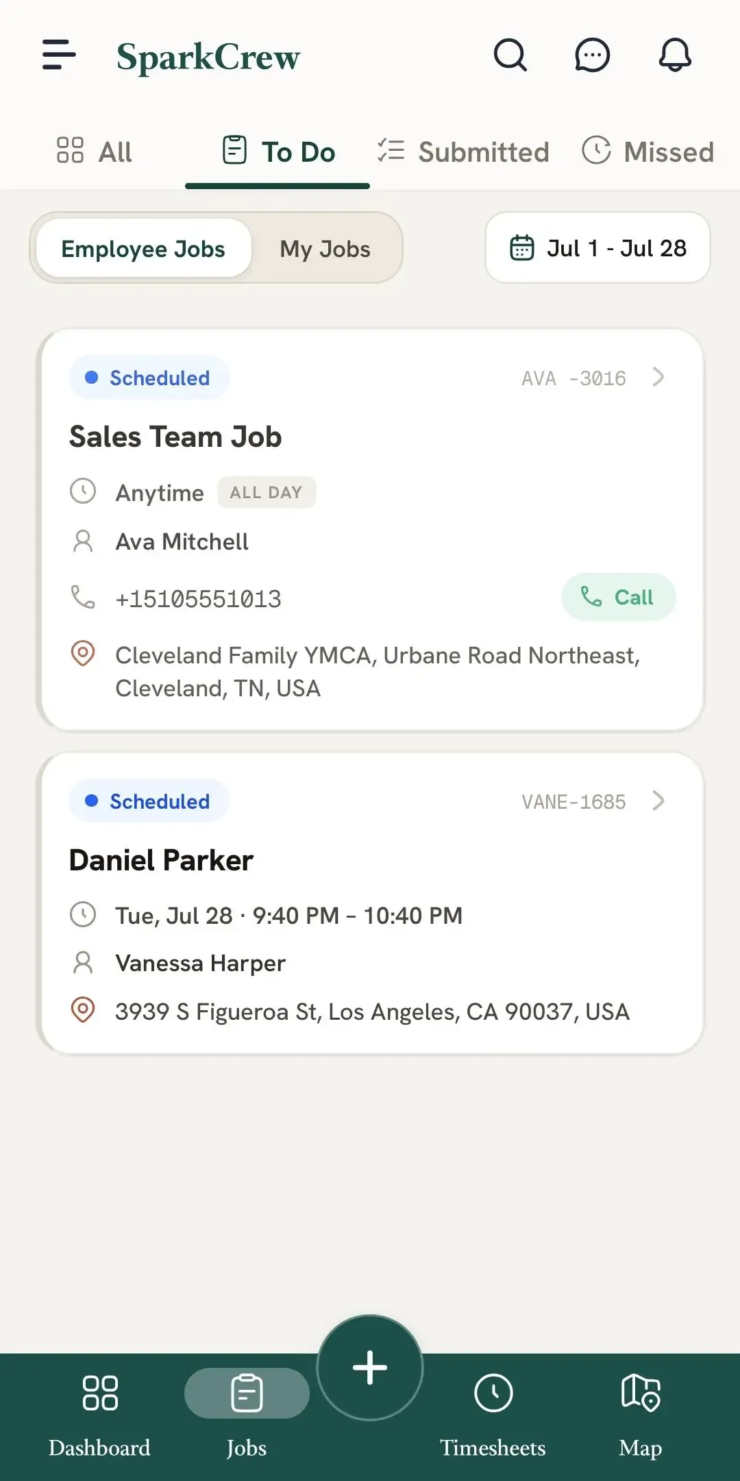 FieldTask mobile **To Do** page showing scheduled employee job cards with job times, customer details, locations, and Call actions.