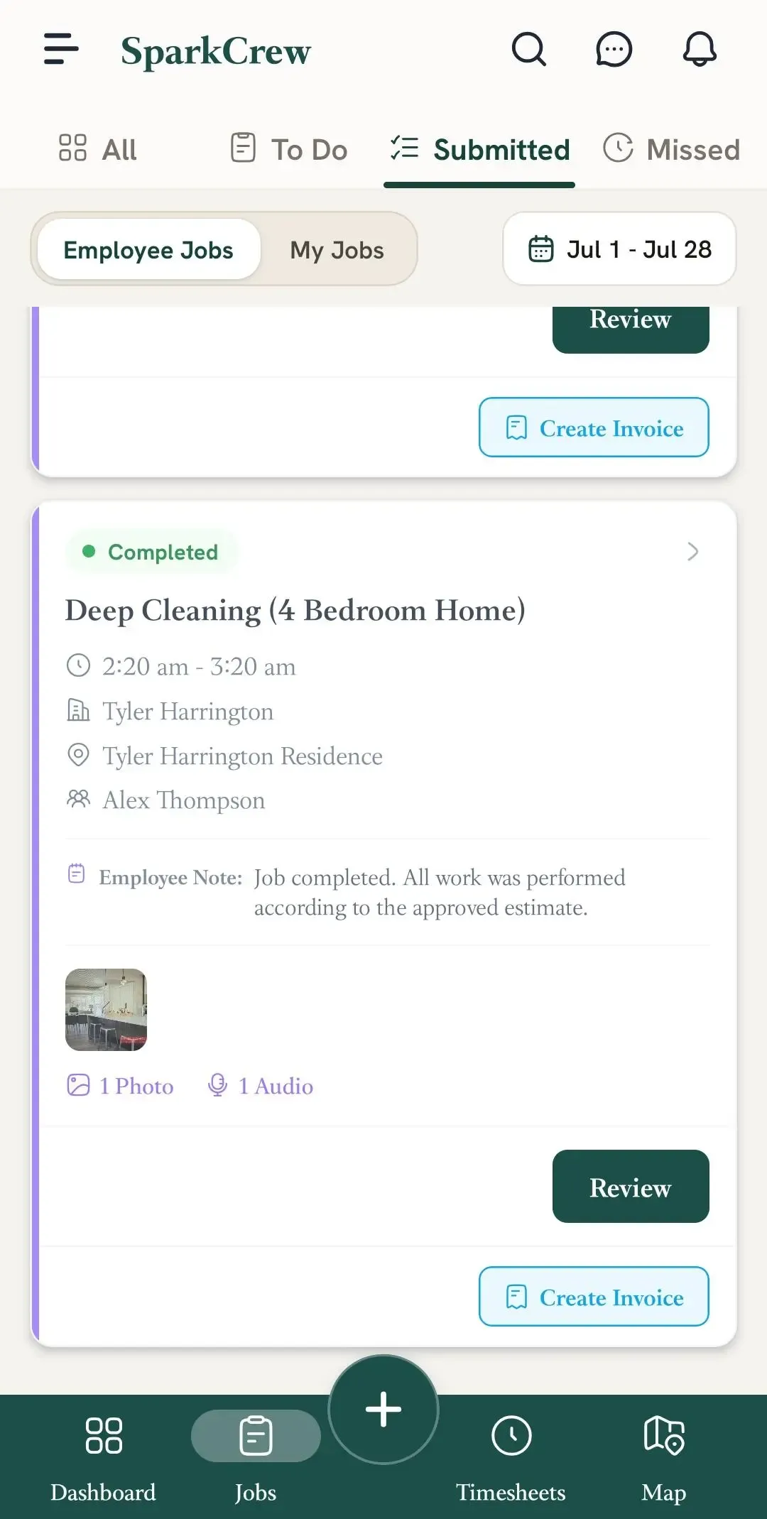 FieldTask mobile Submitted jobs page showing a completed job card with employee note, photo and audio evidence, plus Review and Create Invoice actions.