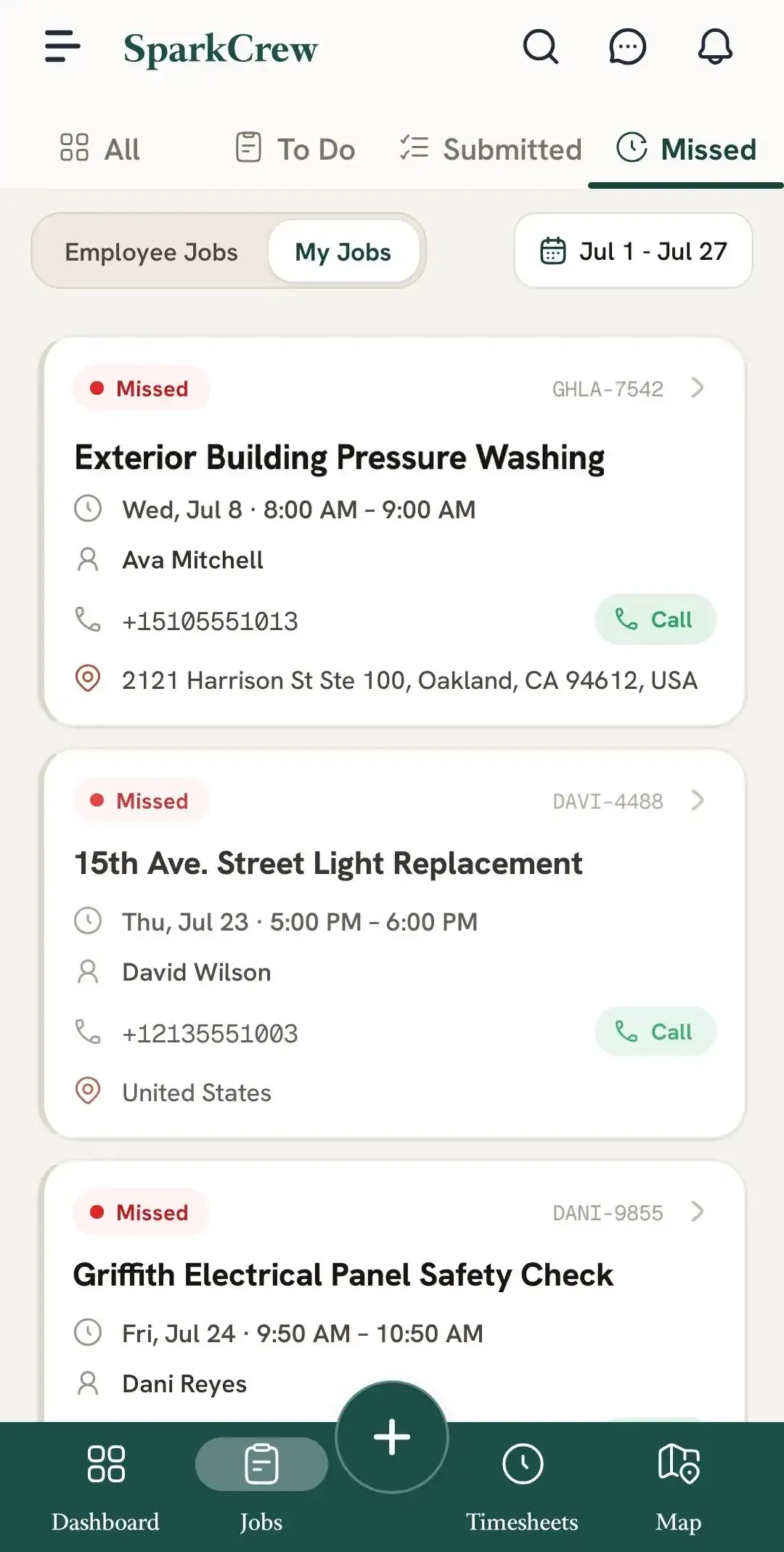FieldTask mobile Missed jobs page with My Jobs selected, showing missed job cards with schedules, customer contact details, locations, and Call actions.