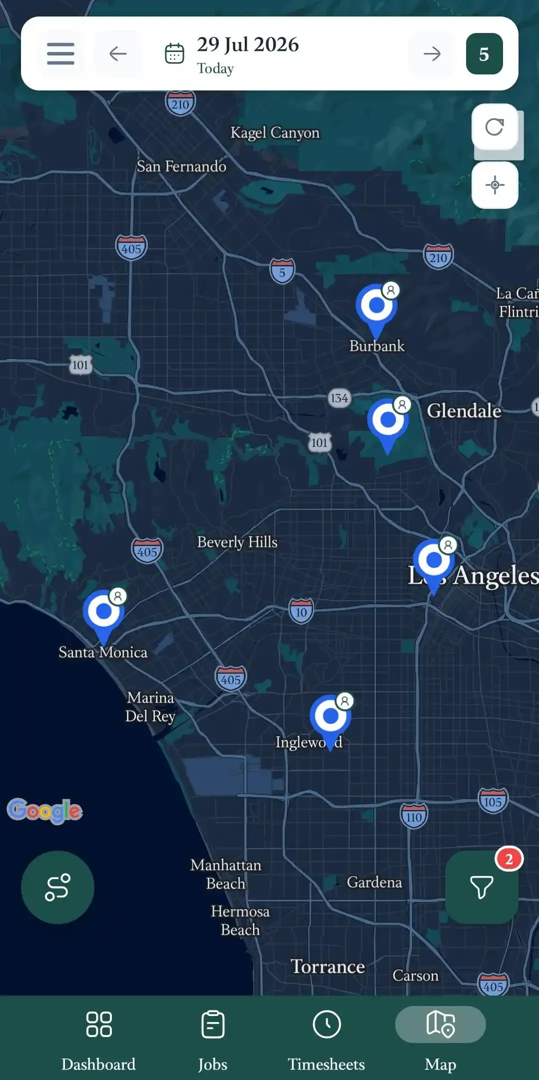 FieldTask mobile Map page showing five job locations across Los Angeles, with date navigation, refresh and location controls, route access, and filters.