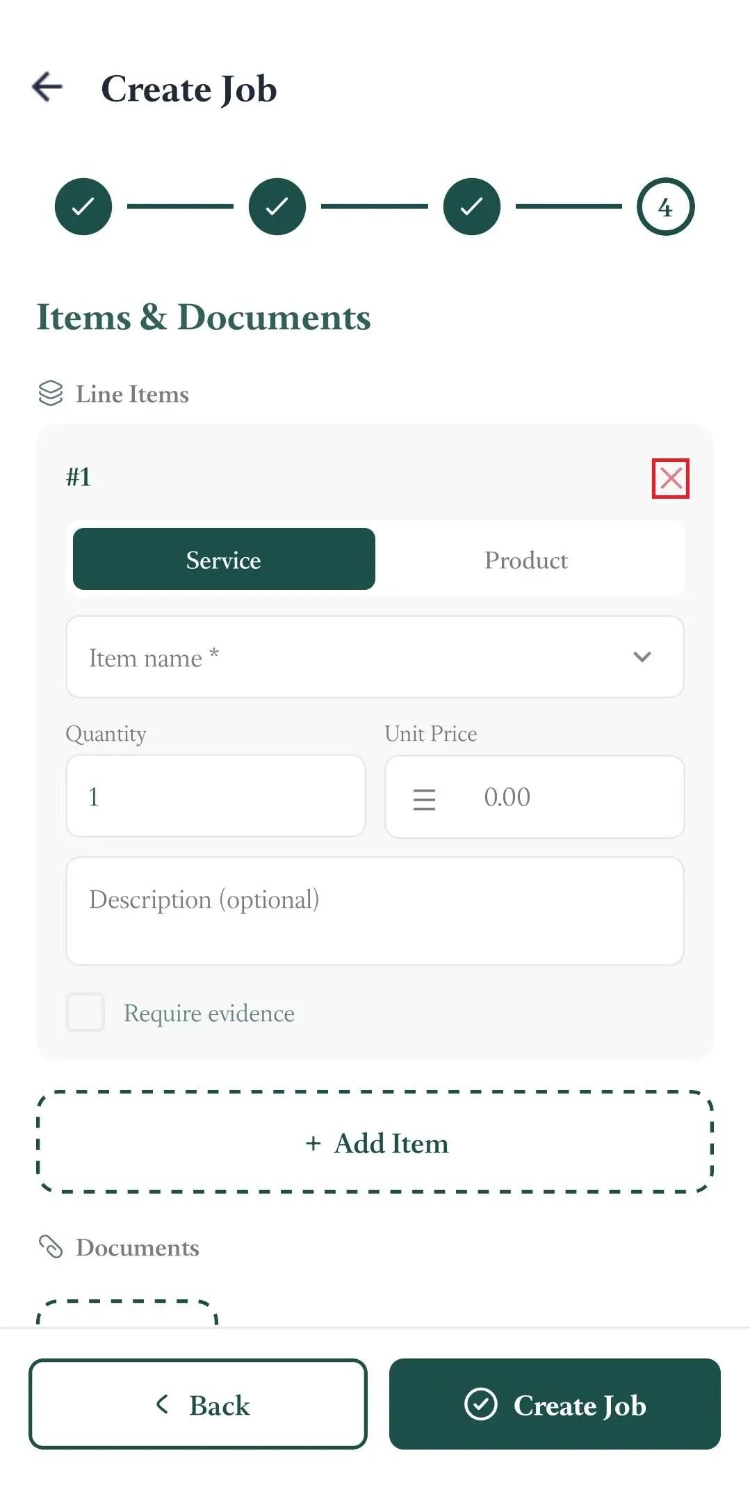 FieldTask Mobile App line item form with remove button