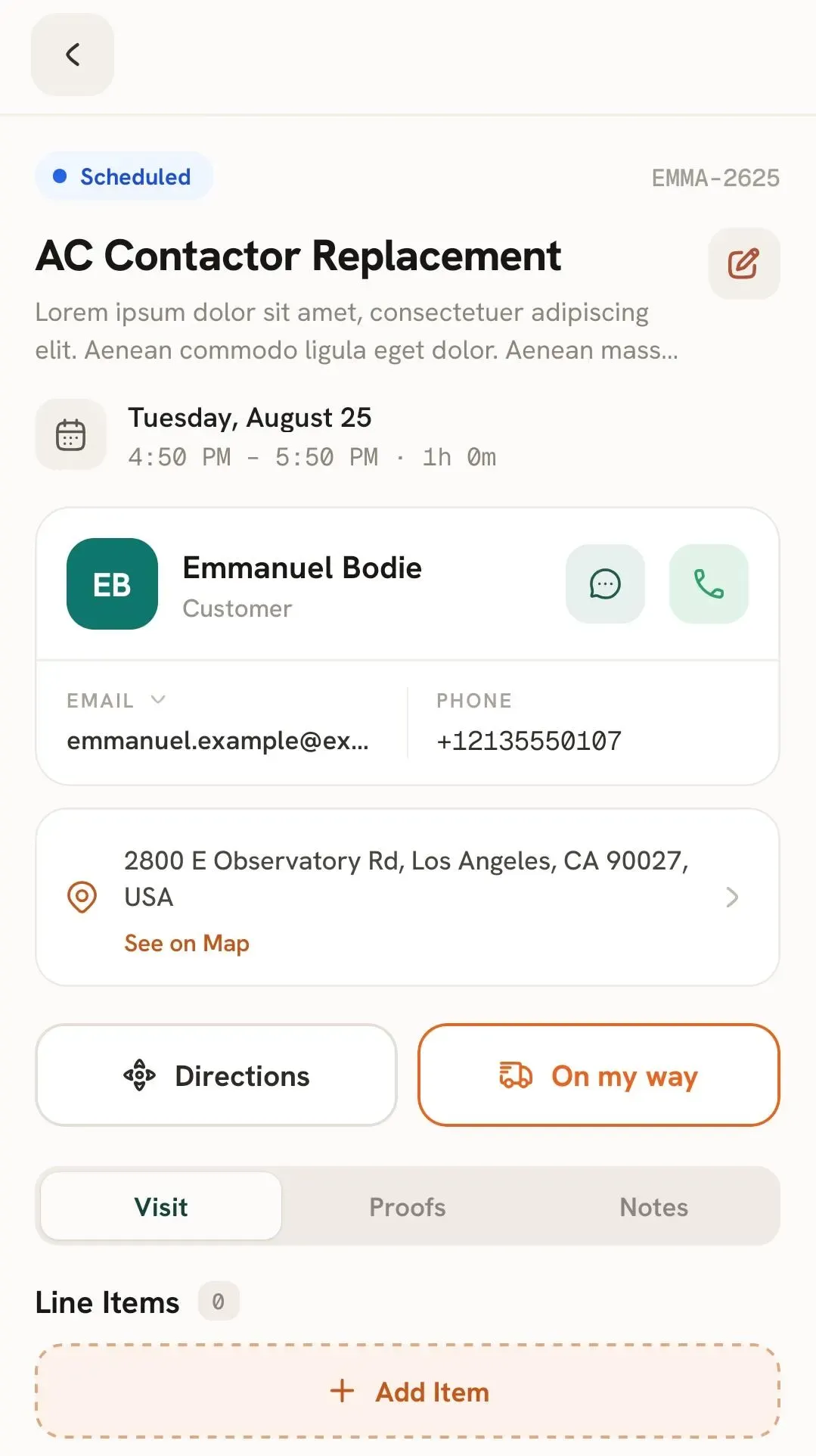 Job details page showing line items and customer info.