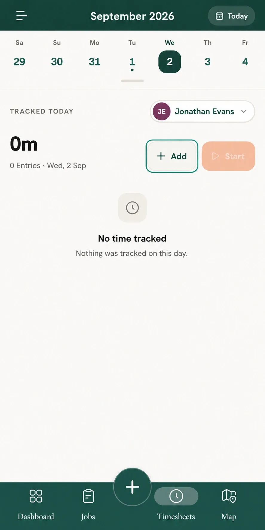 Timesheet page with Add button highlighted