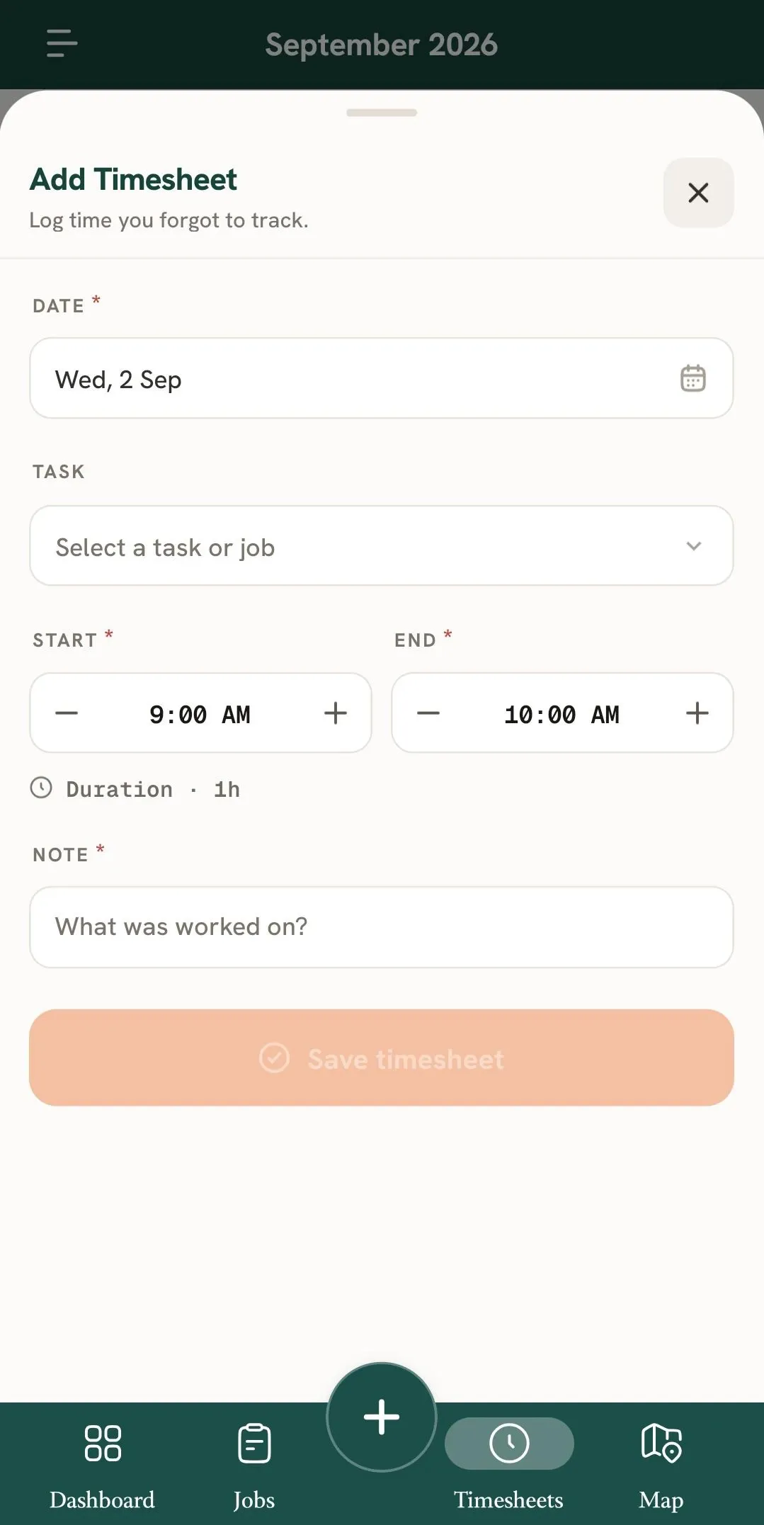 Add Manual Timesheet form with date, task, time, and note fields