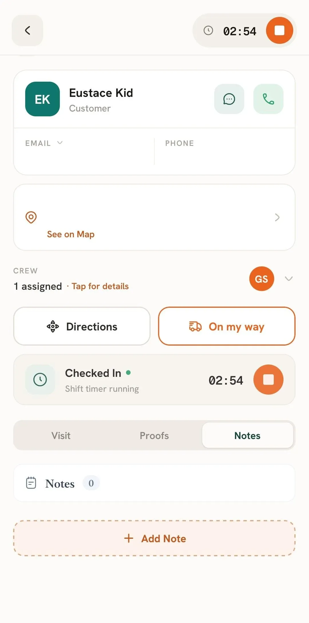FieldTask Mobile App Notes tab with Add Note option