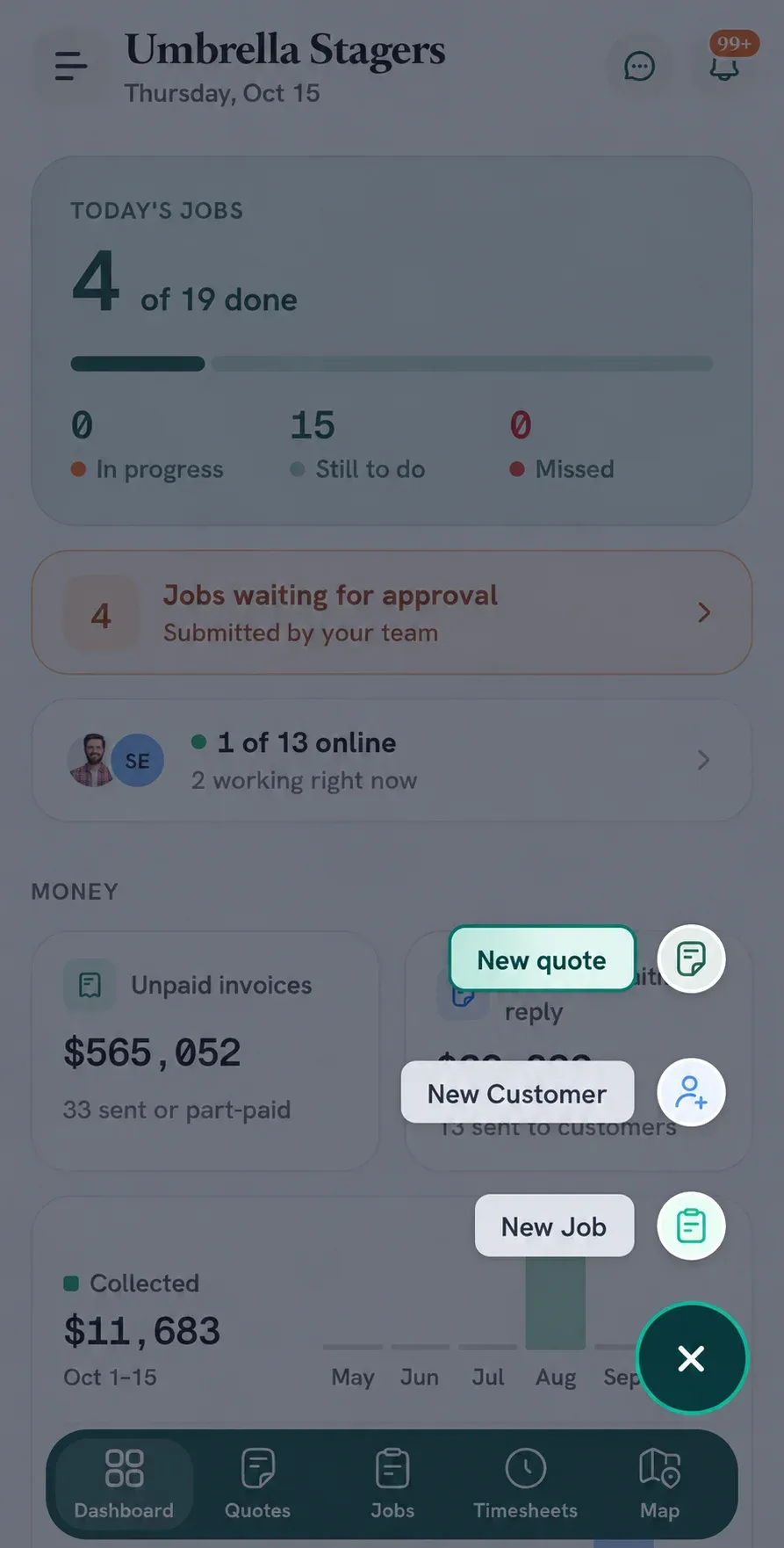 Quick Actions menu shows New Quote, New Customer, and Job.
