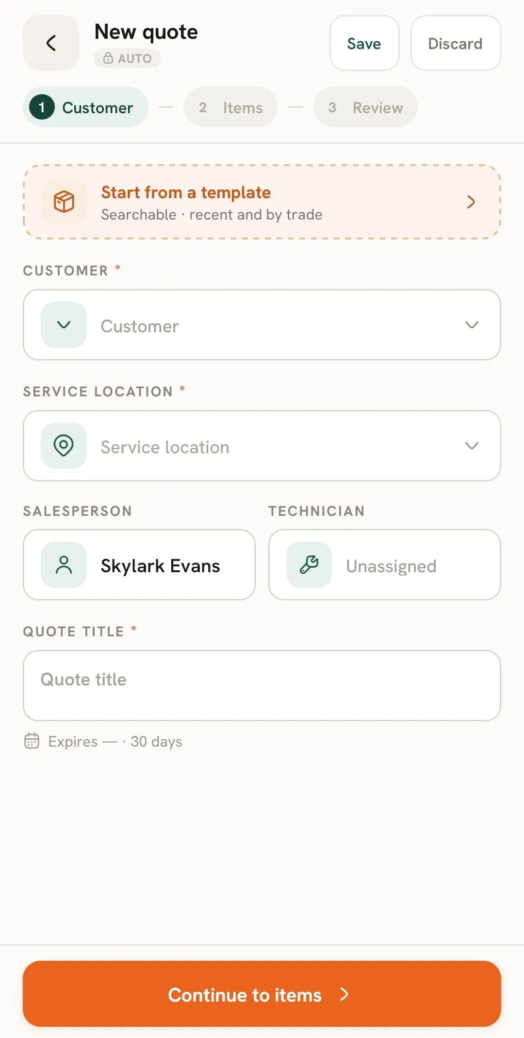 New quote form showing customer and service location fields.