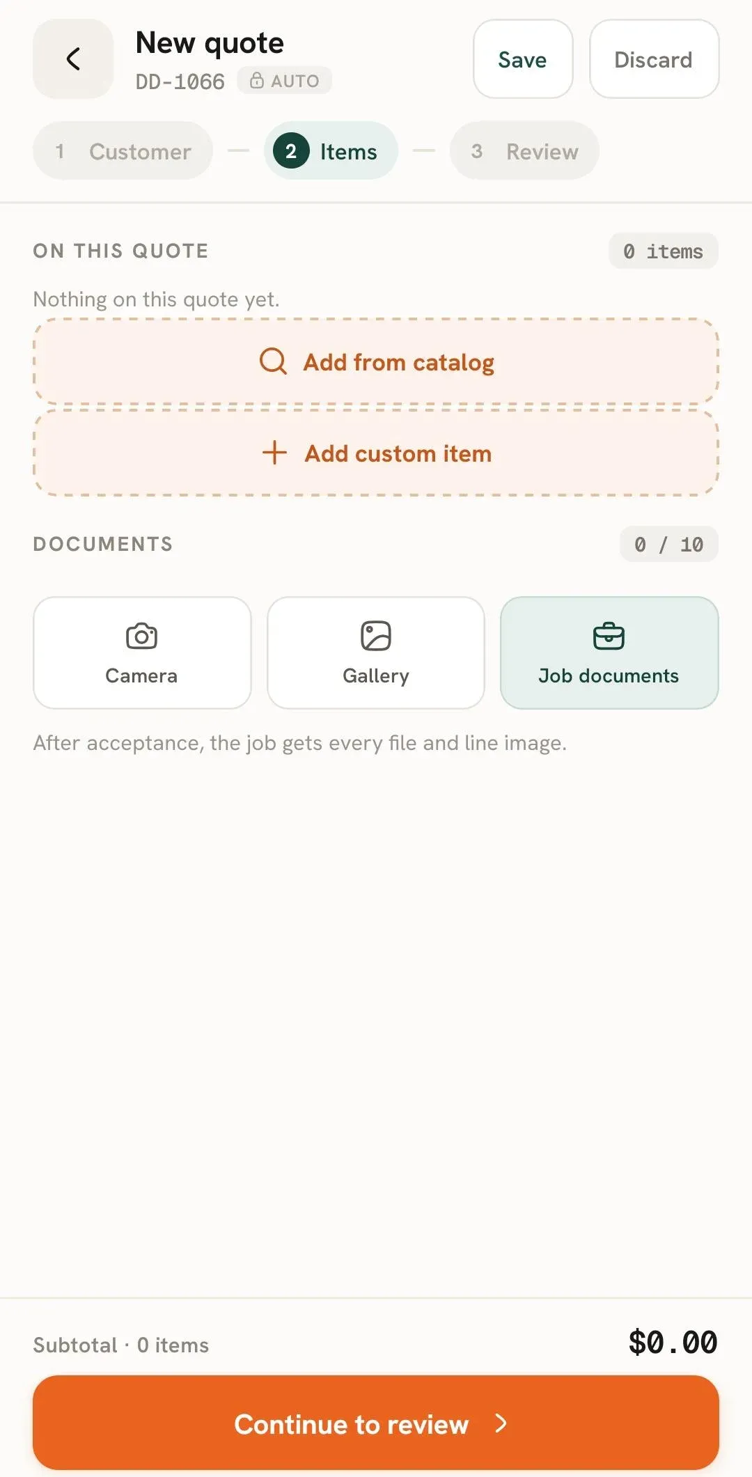Quote items screen with catalog, custom item, and documents.
