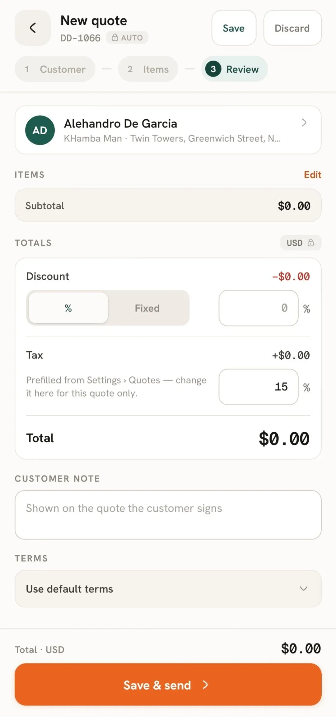 Review quote details, totals, customer note, and terms.