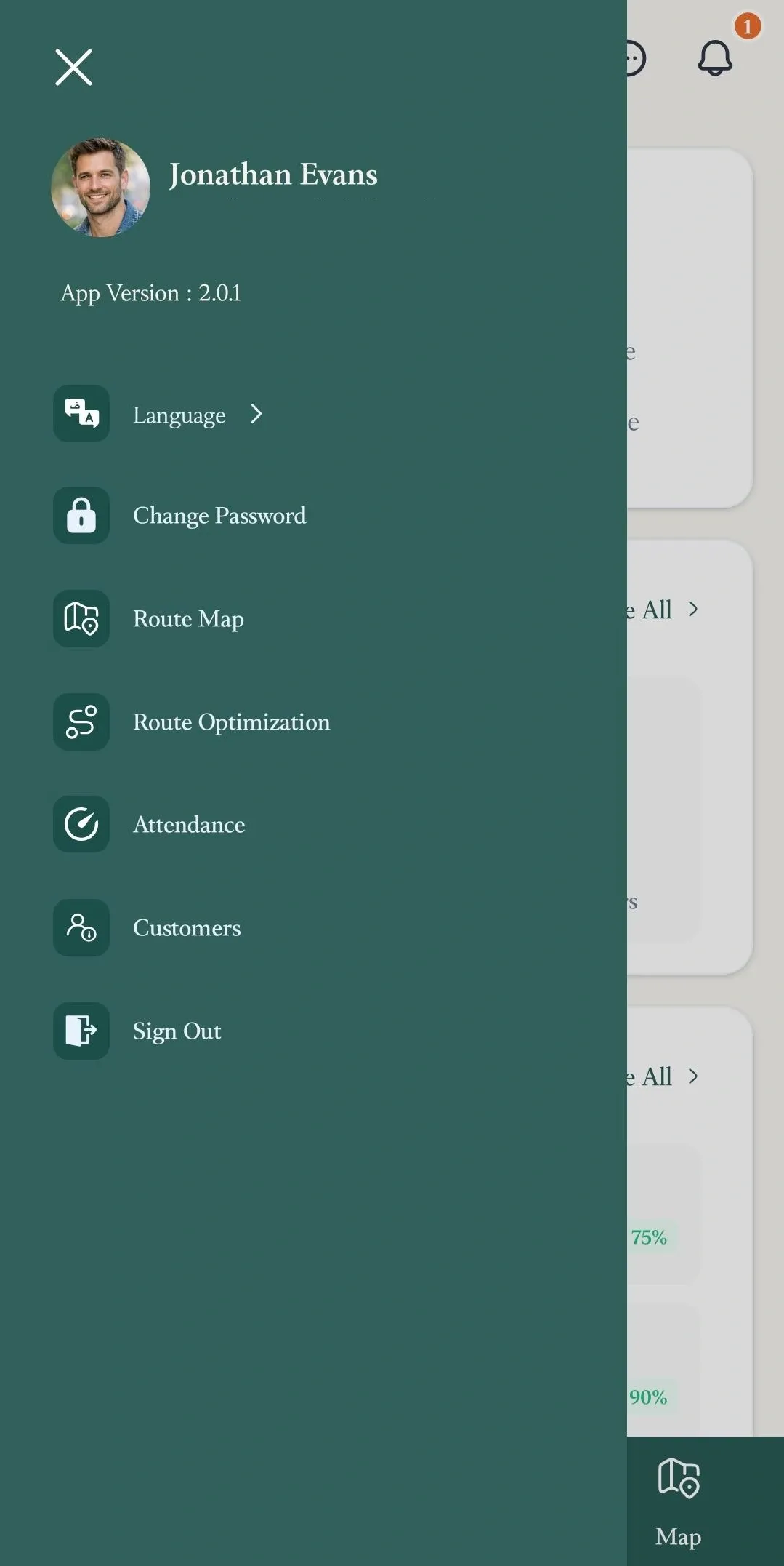 FieldTask Mobile App side menu with route optimization