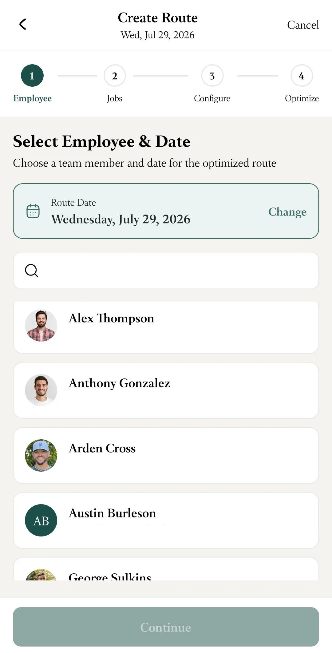 FieldTask Mobile App employee selection for a route