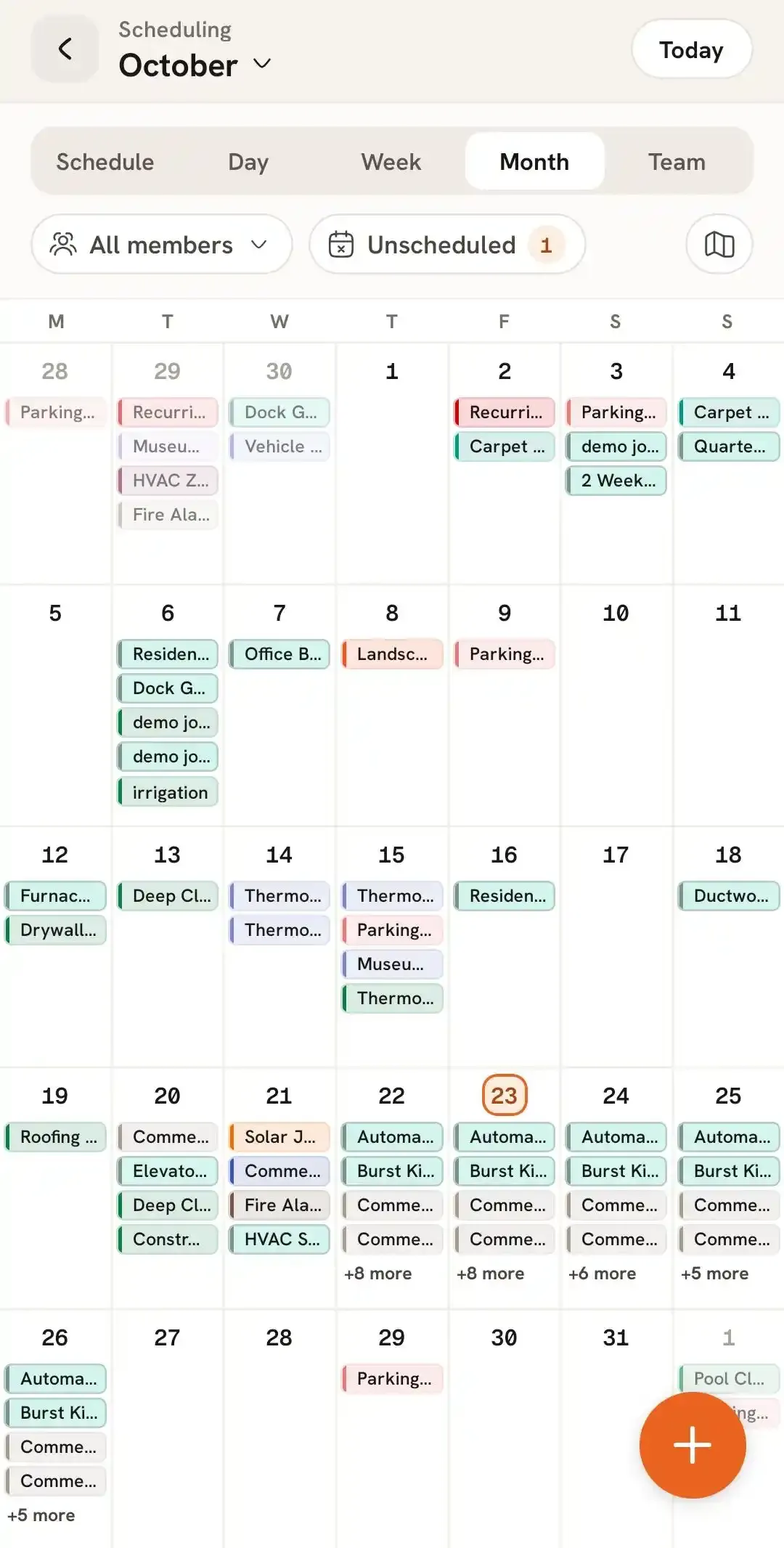 Monthly scheduling calendar displaying jobs across October.