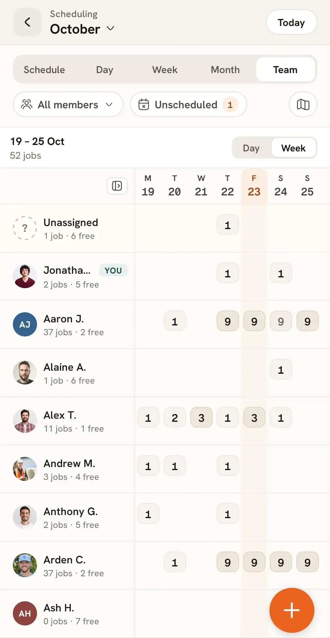 Team scheduling view showing jobs assigned to team members.