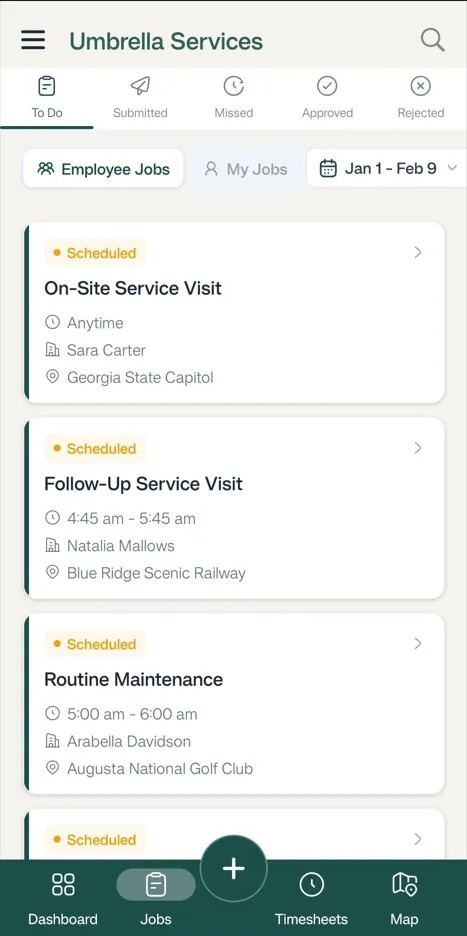 FieldTask Mobile App Jobs Page 