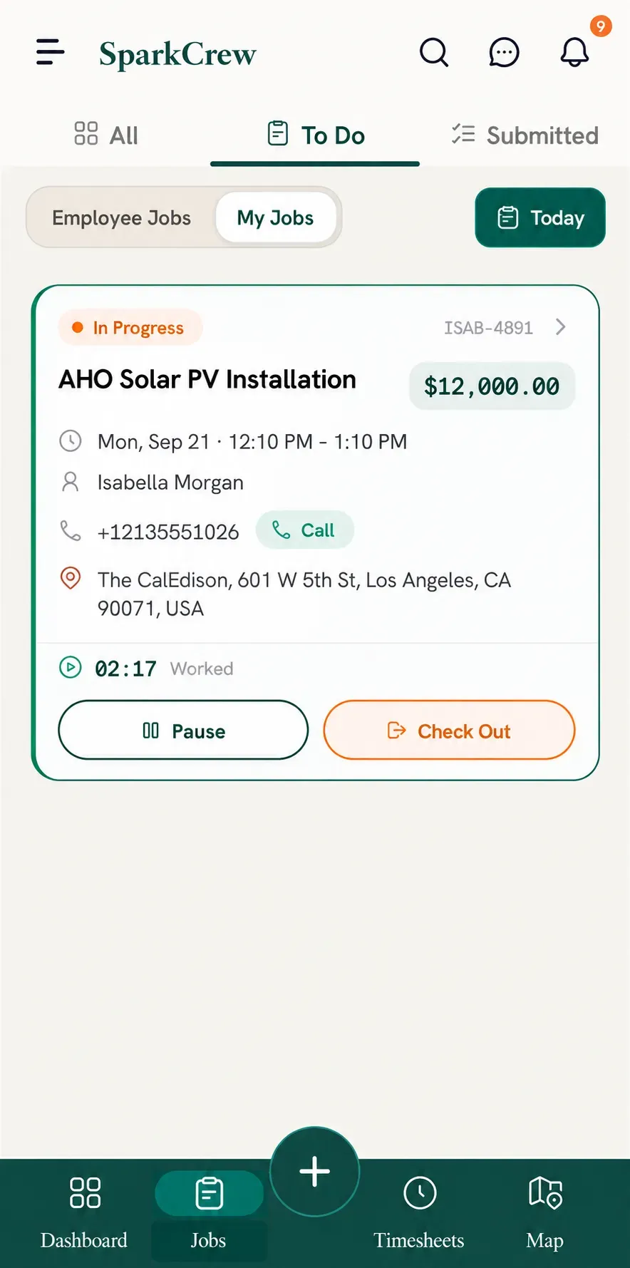 SparkCrew job screen with All, Employee Jobs, and job listings.