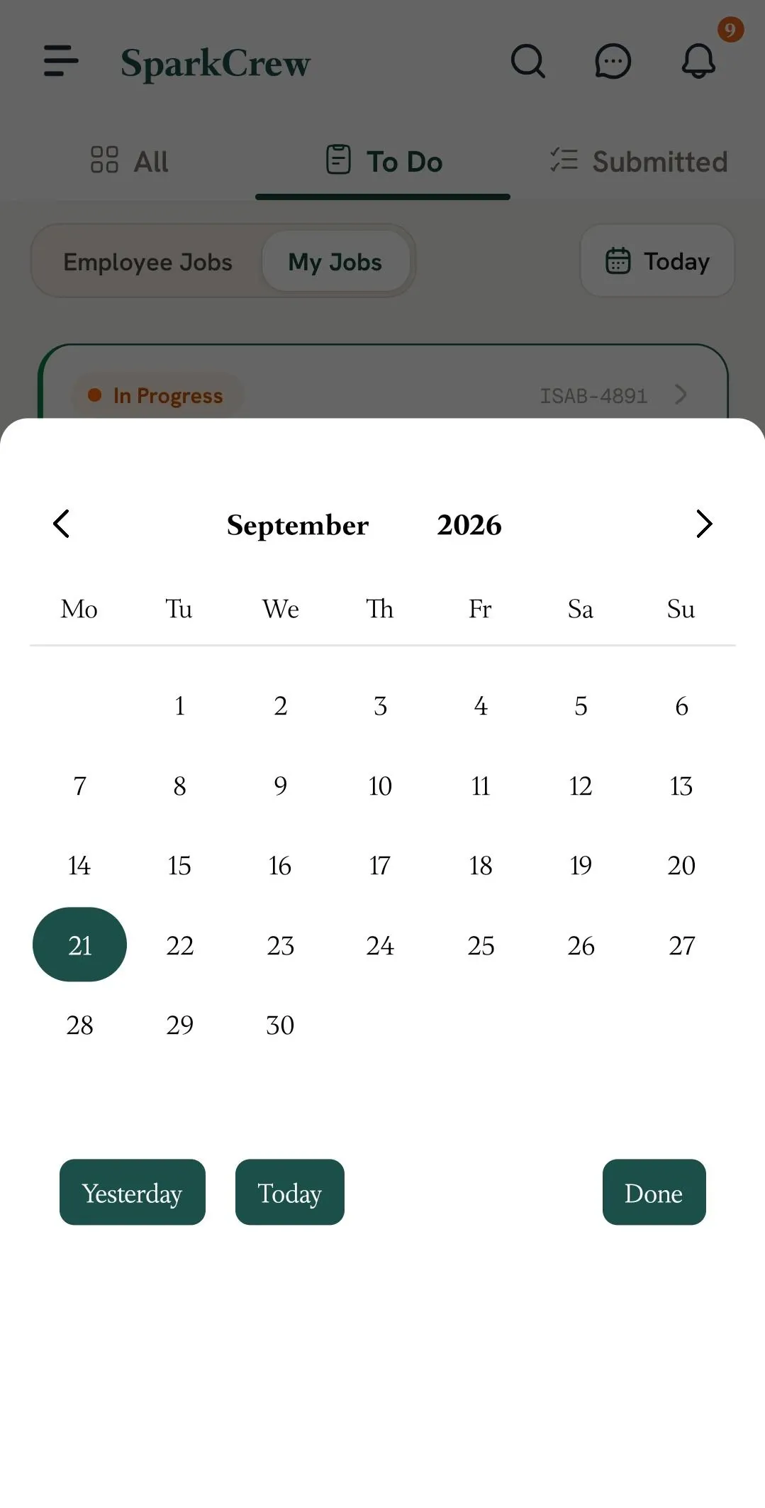September 2026 calendar date picker with September 21 selected.
