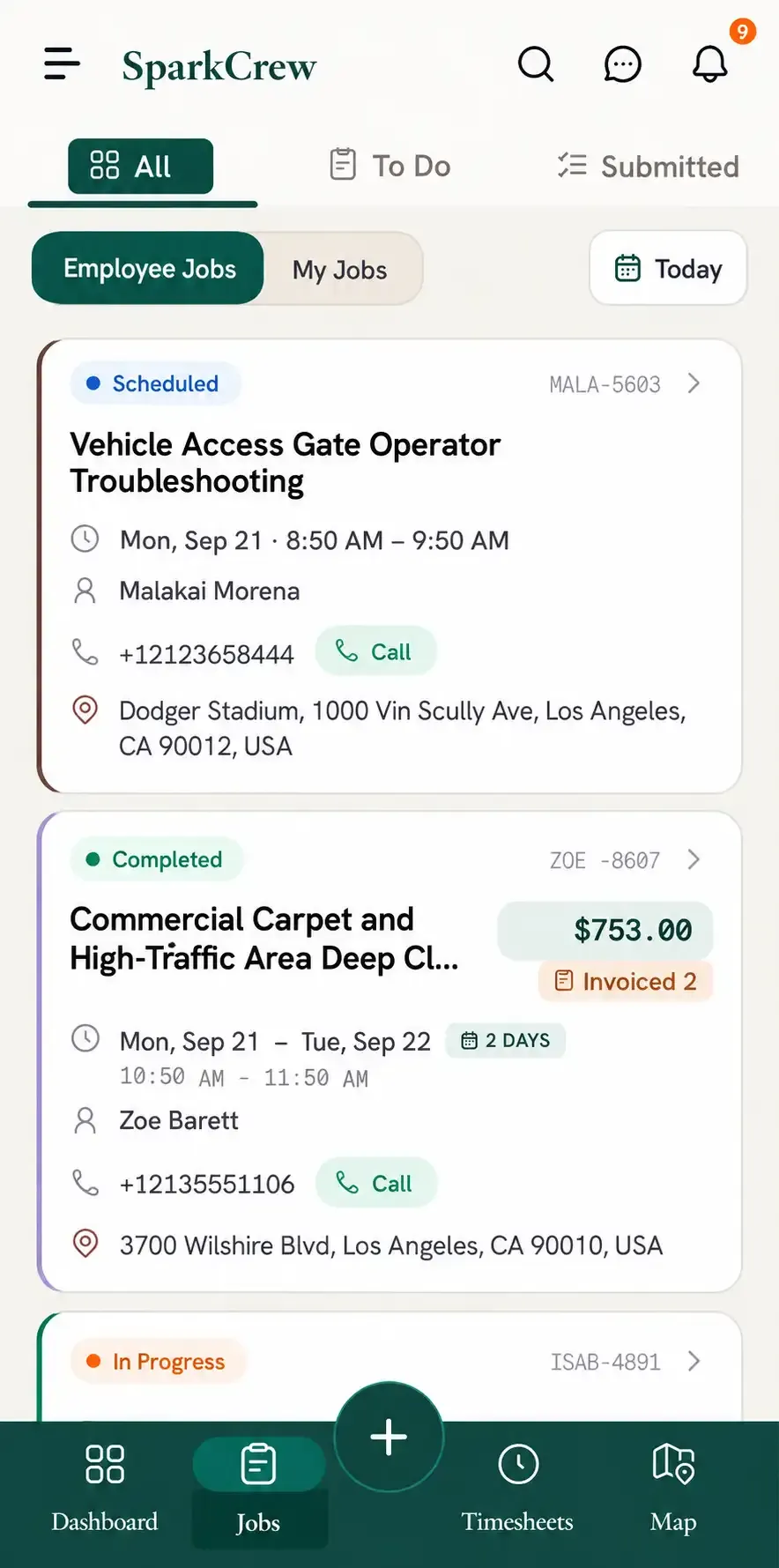 SparkCrew job list showing scheduled and completed jobs.