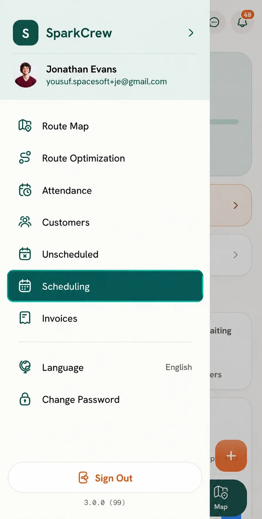 Mobile menu with Scheduling option highlighted