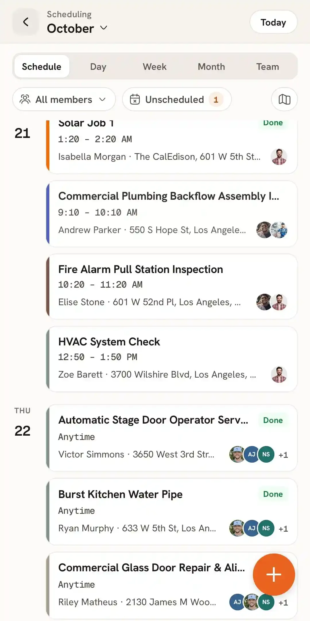 Scheduling screen showing calendar tabs and scheduled jobs.