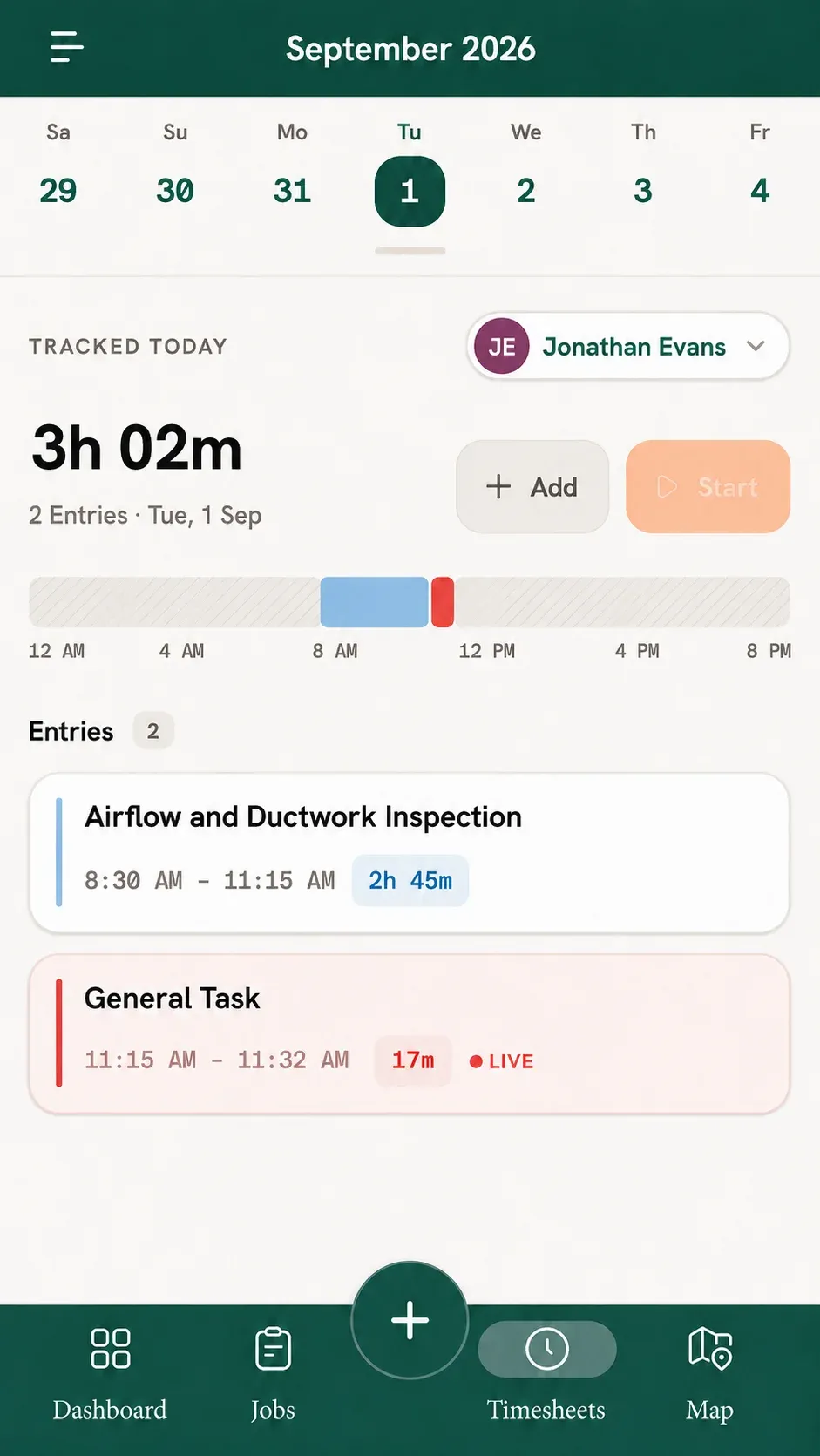 FieldTask timesheet with job and general task entries