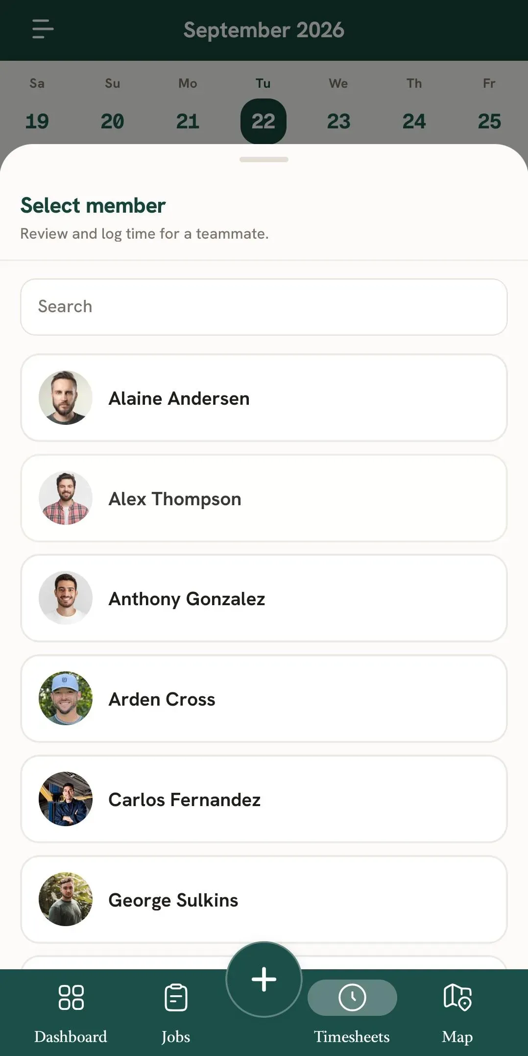 Select member screen listing teammates for timesheet review