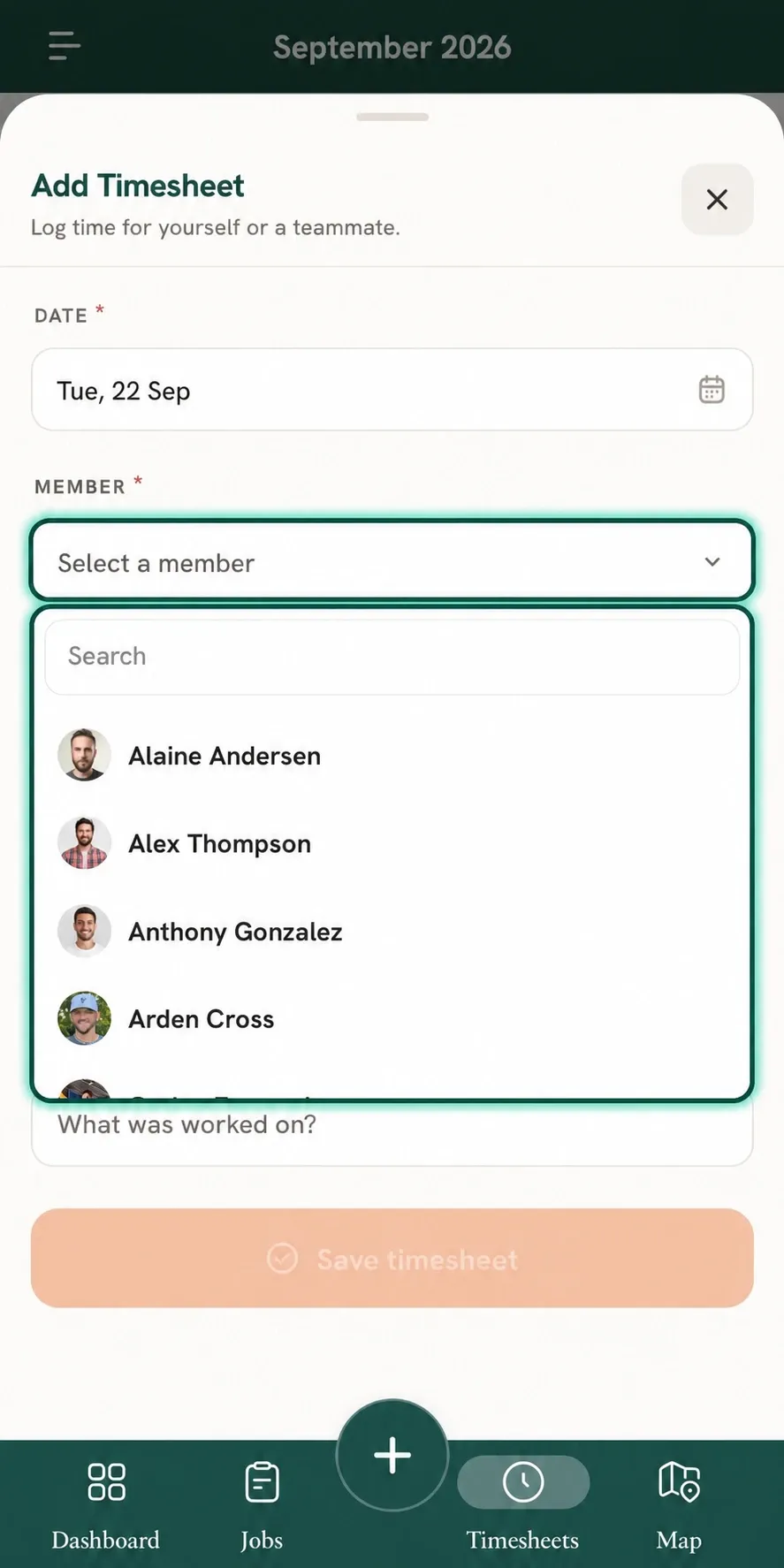 Add Timesheet form with member dropdown and member list
