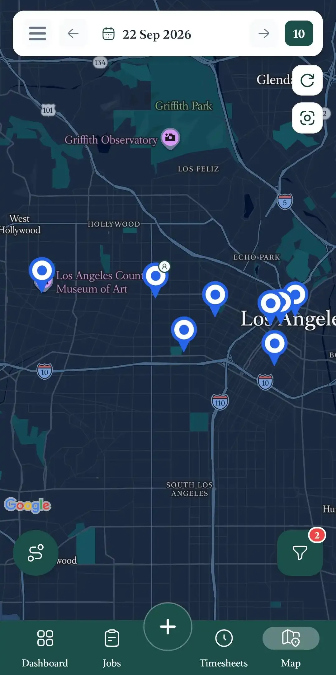 Los Angeles map showing multiple scheduled job location pins