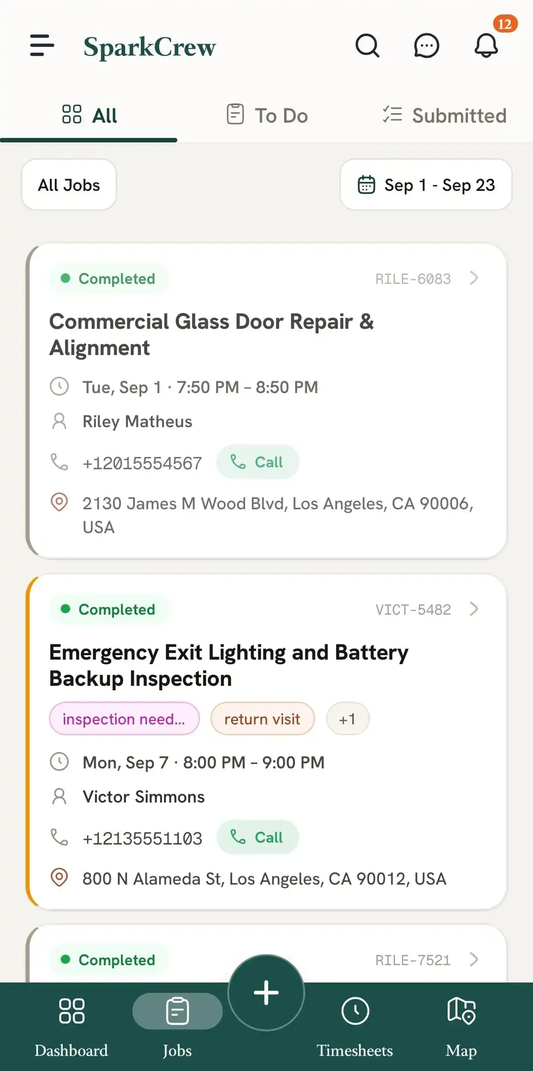 All Jobs list showing completed jobs and customer details
