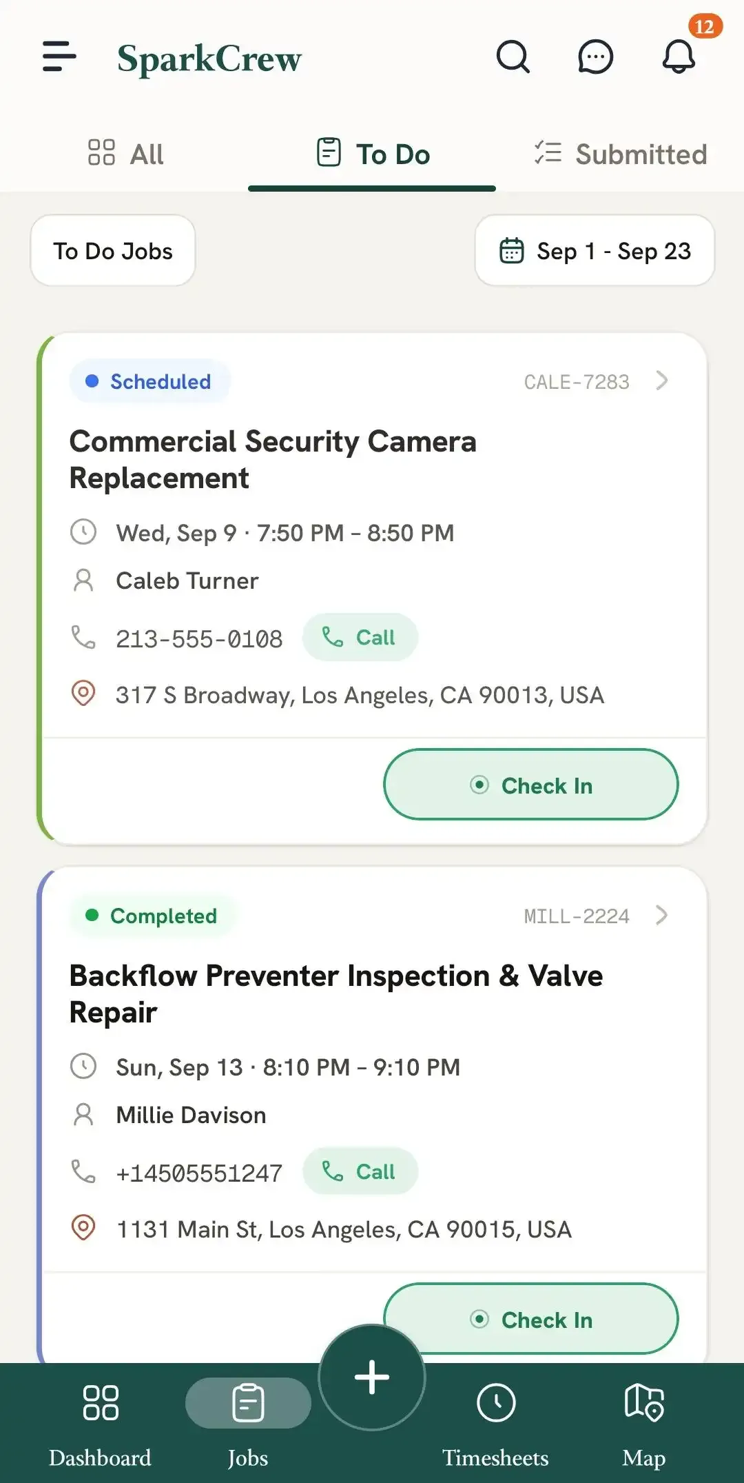 To Do jobs list with scheduled jobs and check-in buttons