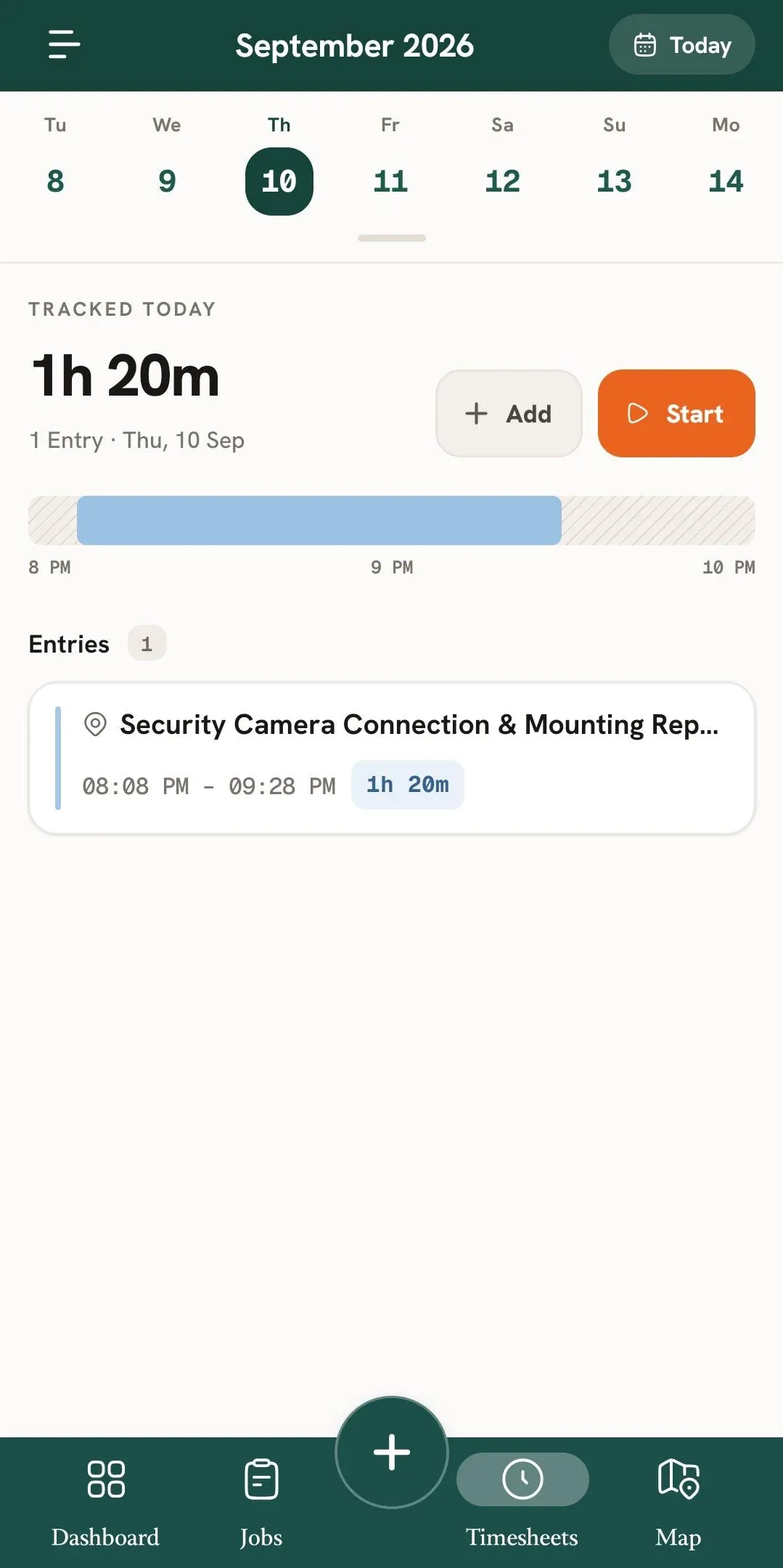 Timesheets page showing tracked time and one job entry