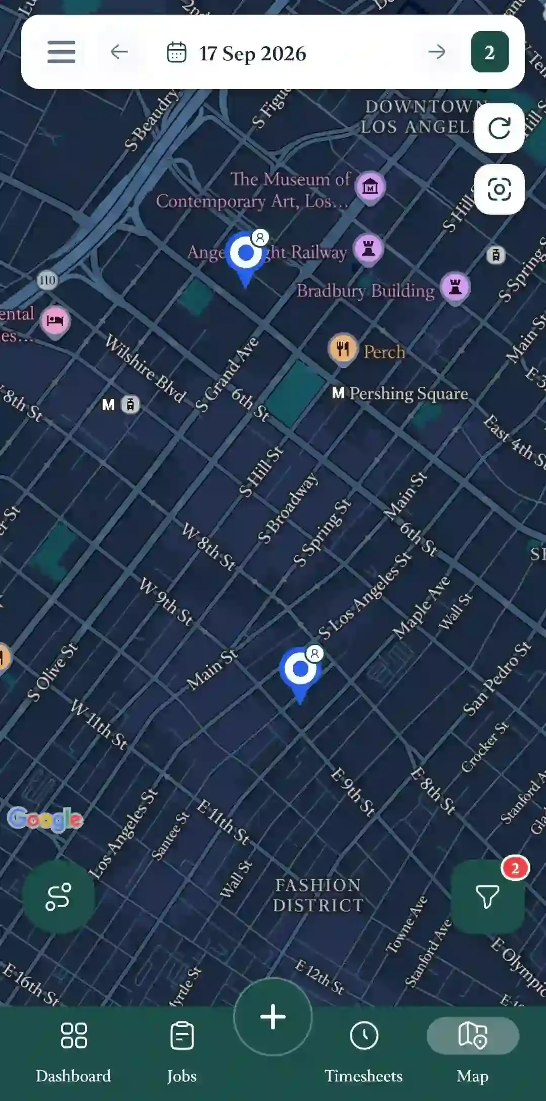 Los Angeles map with two job pins in downtown area