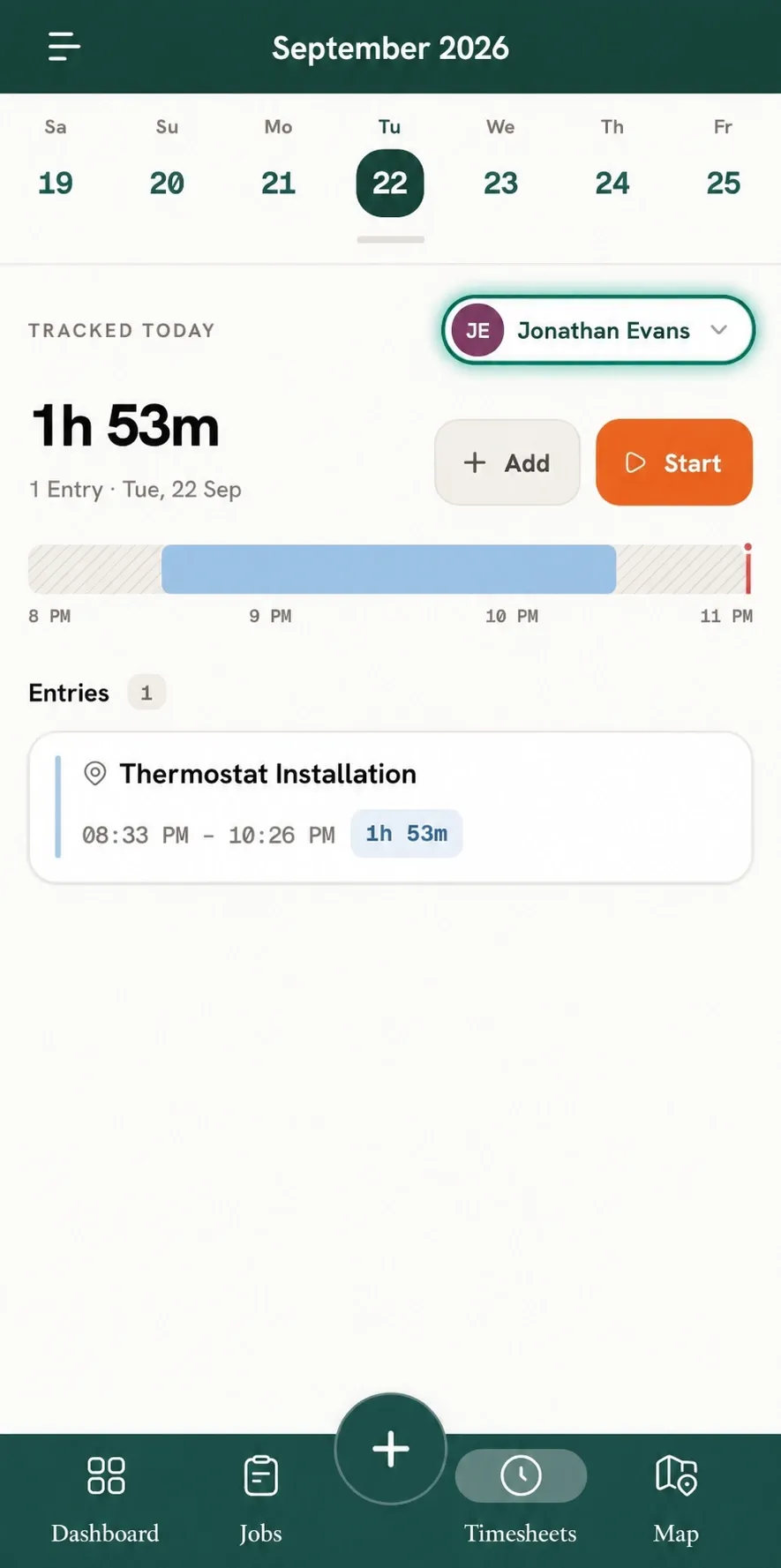 Timesheets page with highlighted member selector dropdown