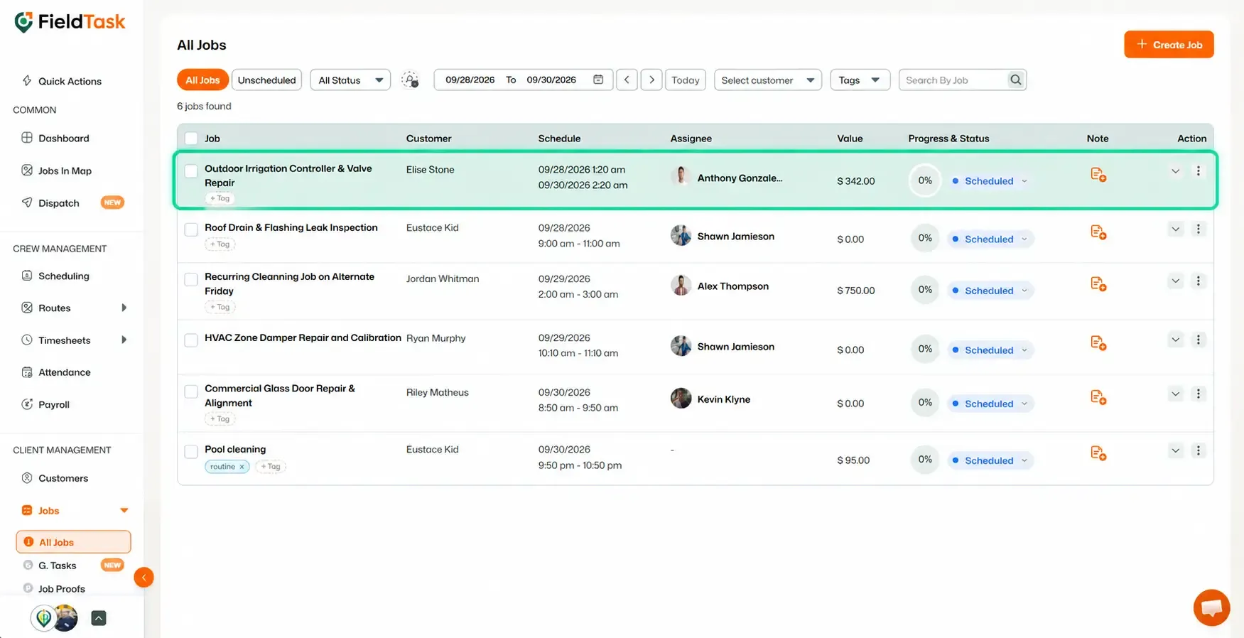 All Jobs page highlighting Outdoor Irrigation job row
