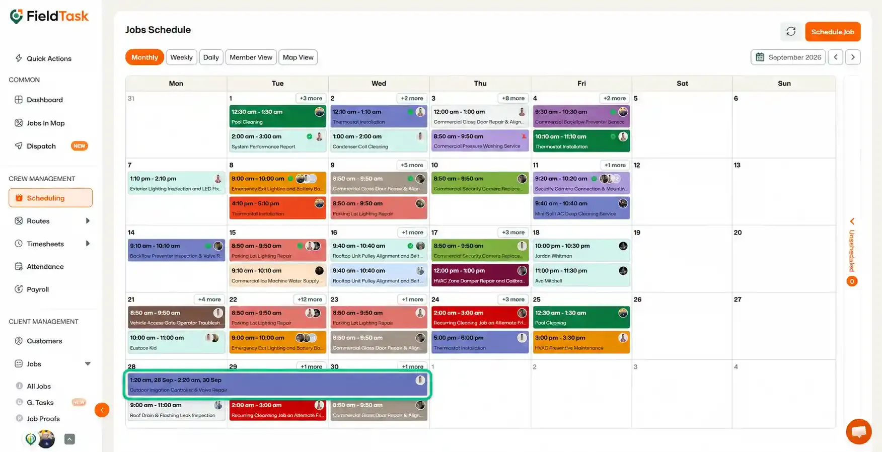 Calendar highlighting Outdoor Irrigation multi-day job