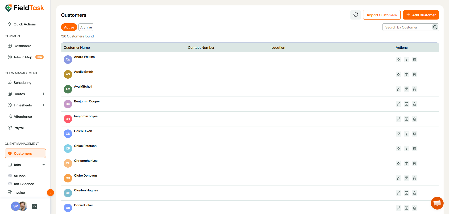 FieldTask customers list showing multiple customer locations, including “more locations” indicators