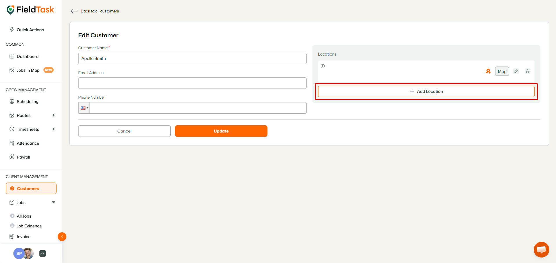 FieldTask edit customer page with Add Location button highlighted