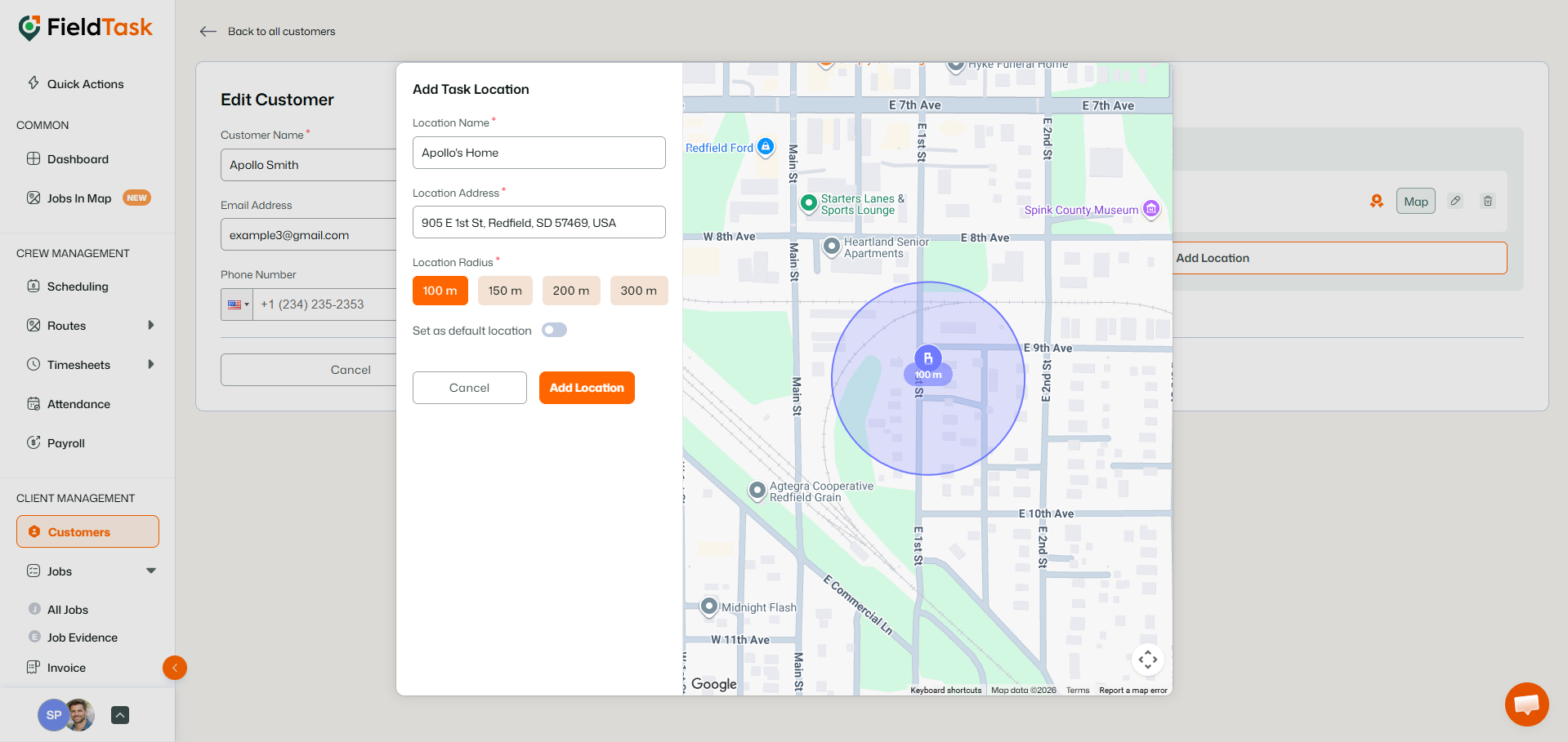 FieldTask add task location modal with location name, address, radius options, default toggle, and map preview