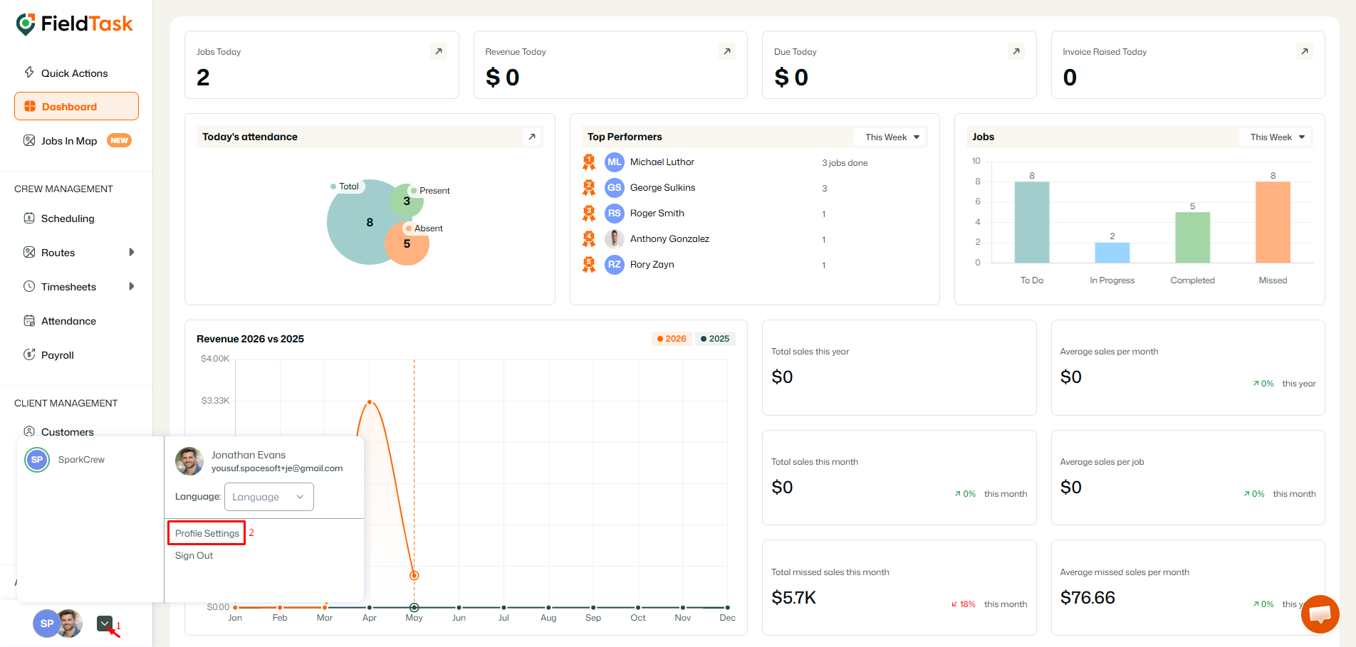 FieldTask dashboard profile menu with settings option