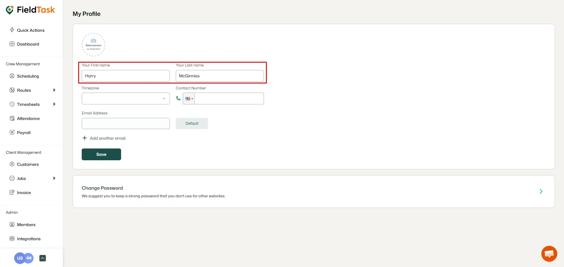FieldTask Profile Page