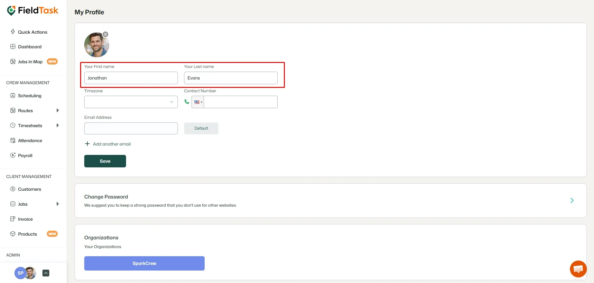 FieldTask profile page with editable first and last name