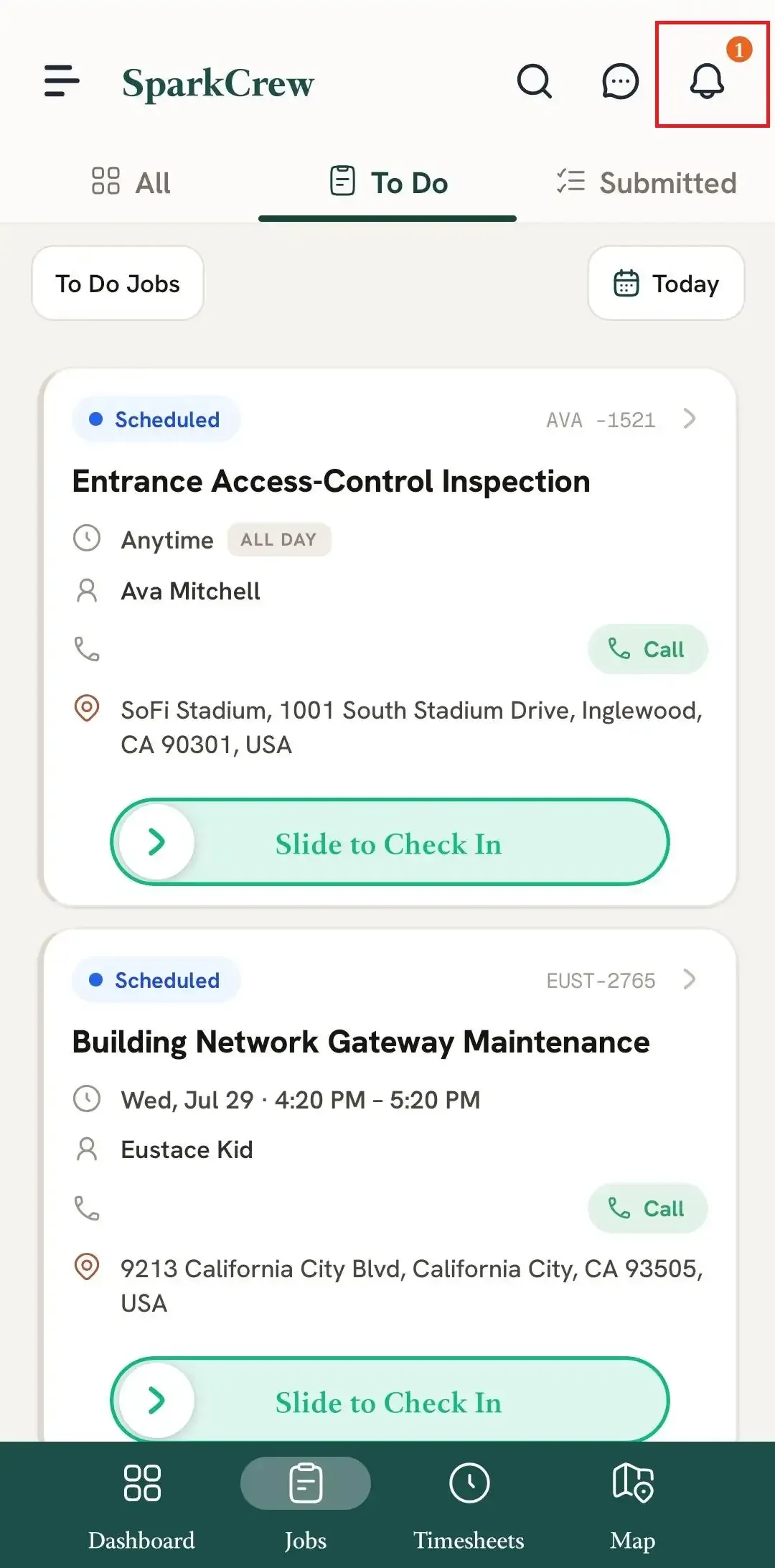 FieldTask Mobile App job list with notification alert