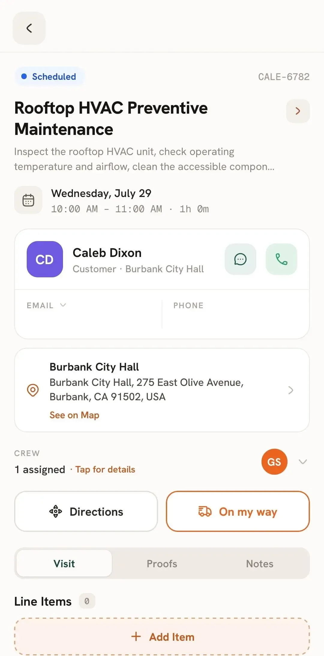 FieldTask Mobile App job details with On My Way option